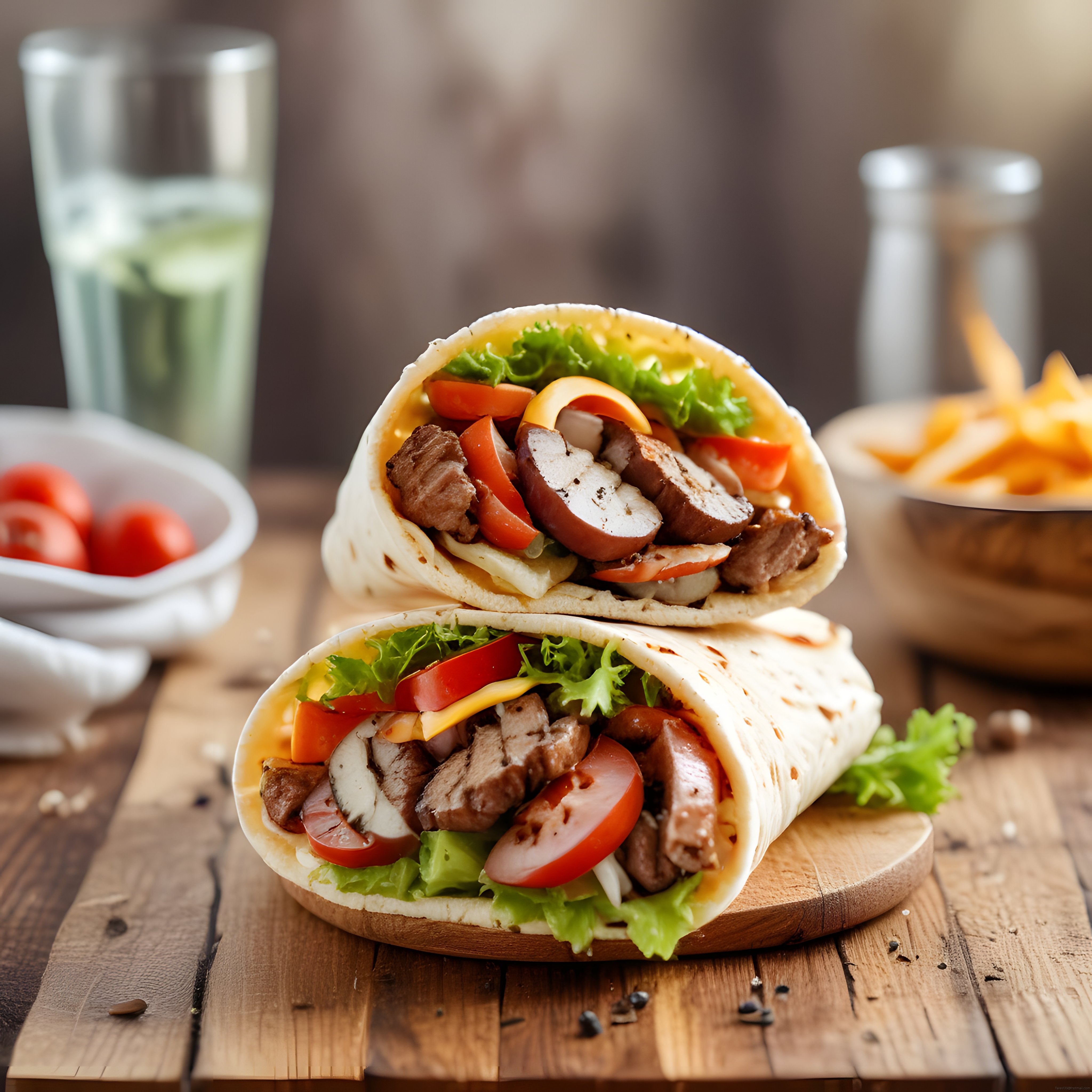 Ahşap Sunum Tahtası Üzerinde Tavuklu Dürüm ve Çıtır Patates Kızartması