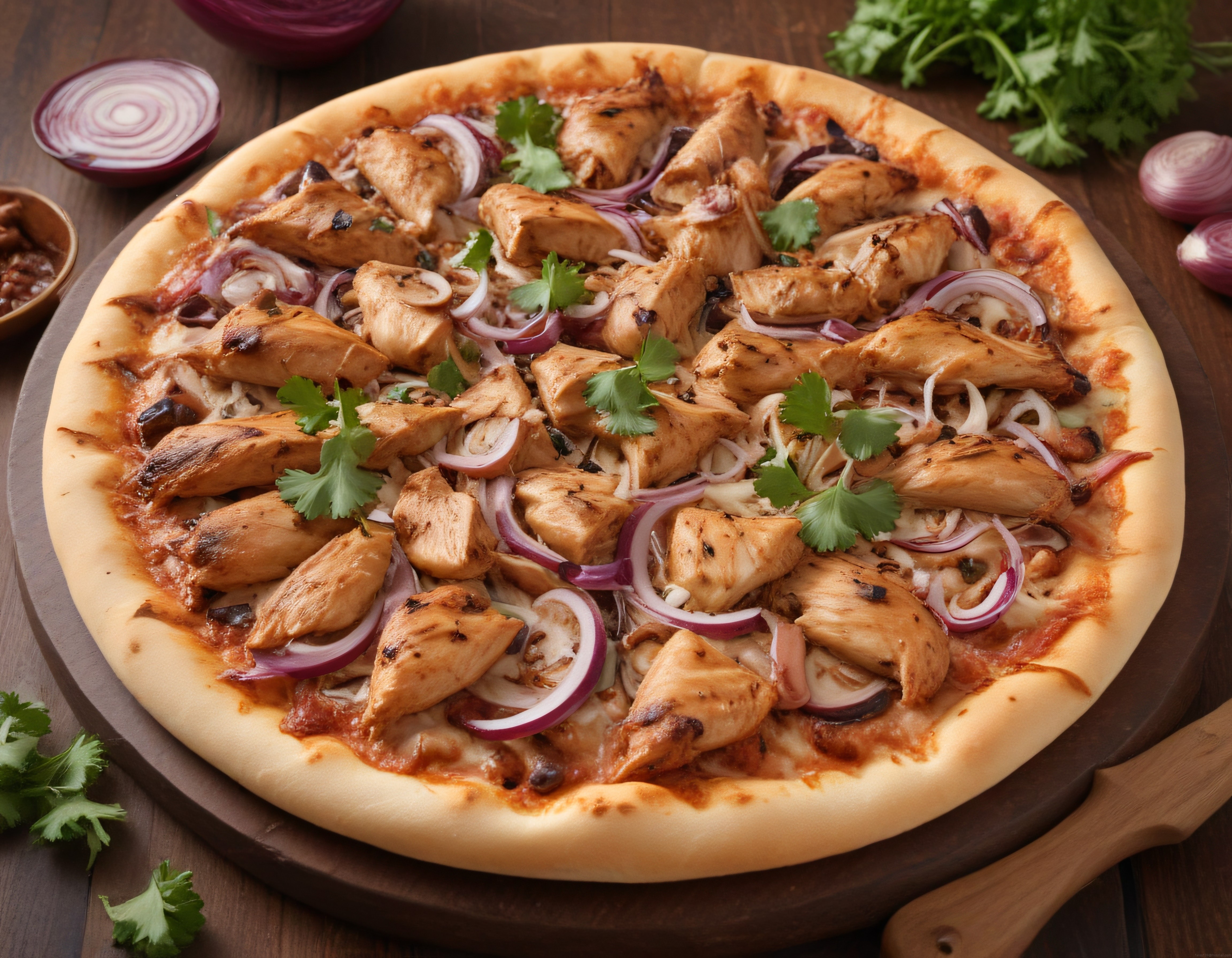 Ahşap Sunum Tahtası Üzerinde Tavuklu Kırmızı Soğanlı Pizza ve Taze Kişniş