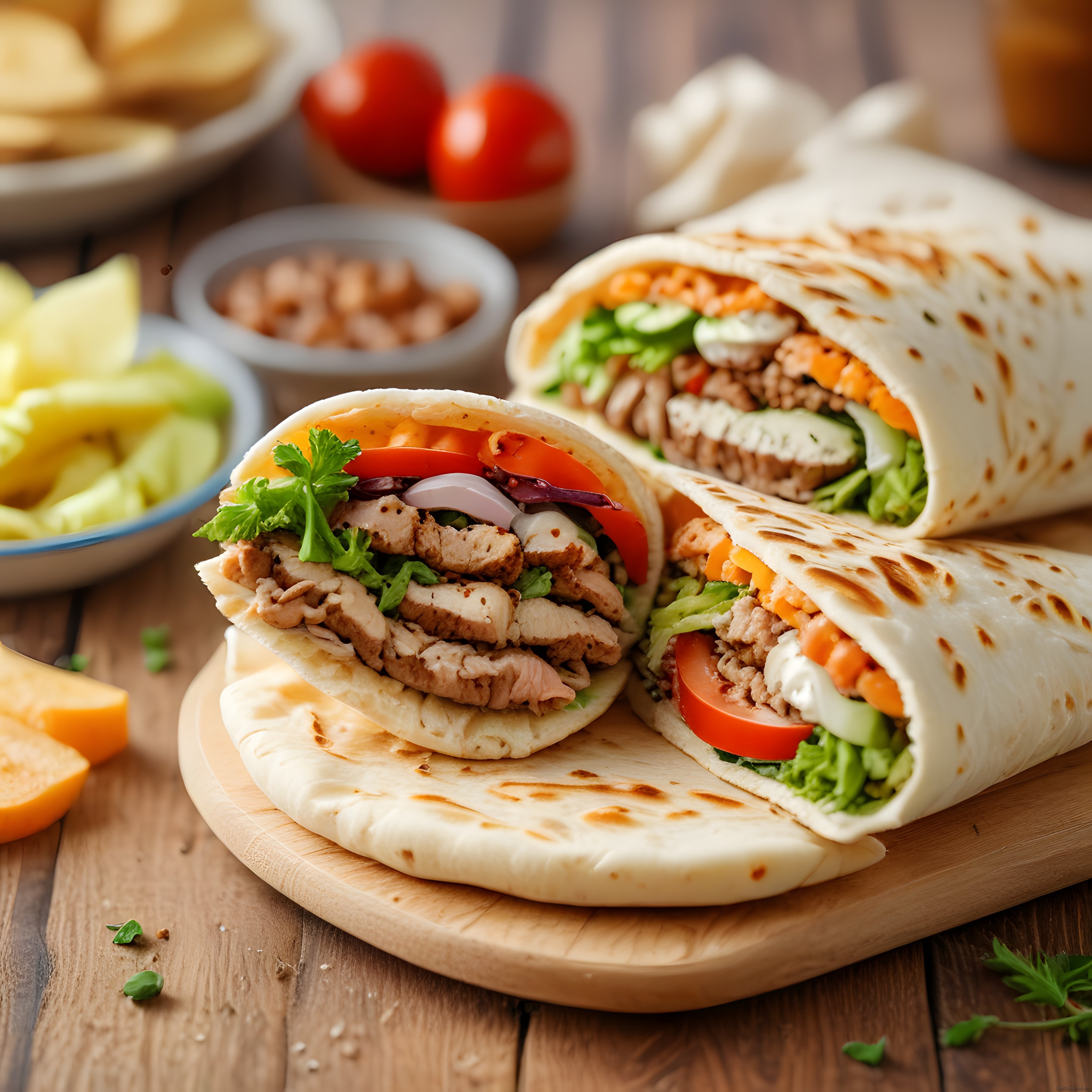 Ahşap Sunum Tahtası Üzerinde Tavuklu Sebzeli Dürüm ve Doyurucu Wrap Çeşitleri