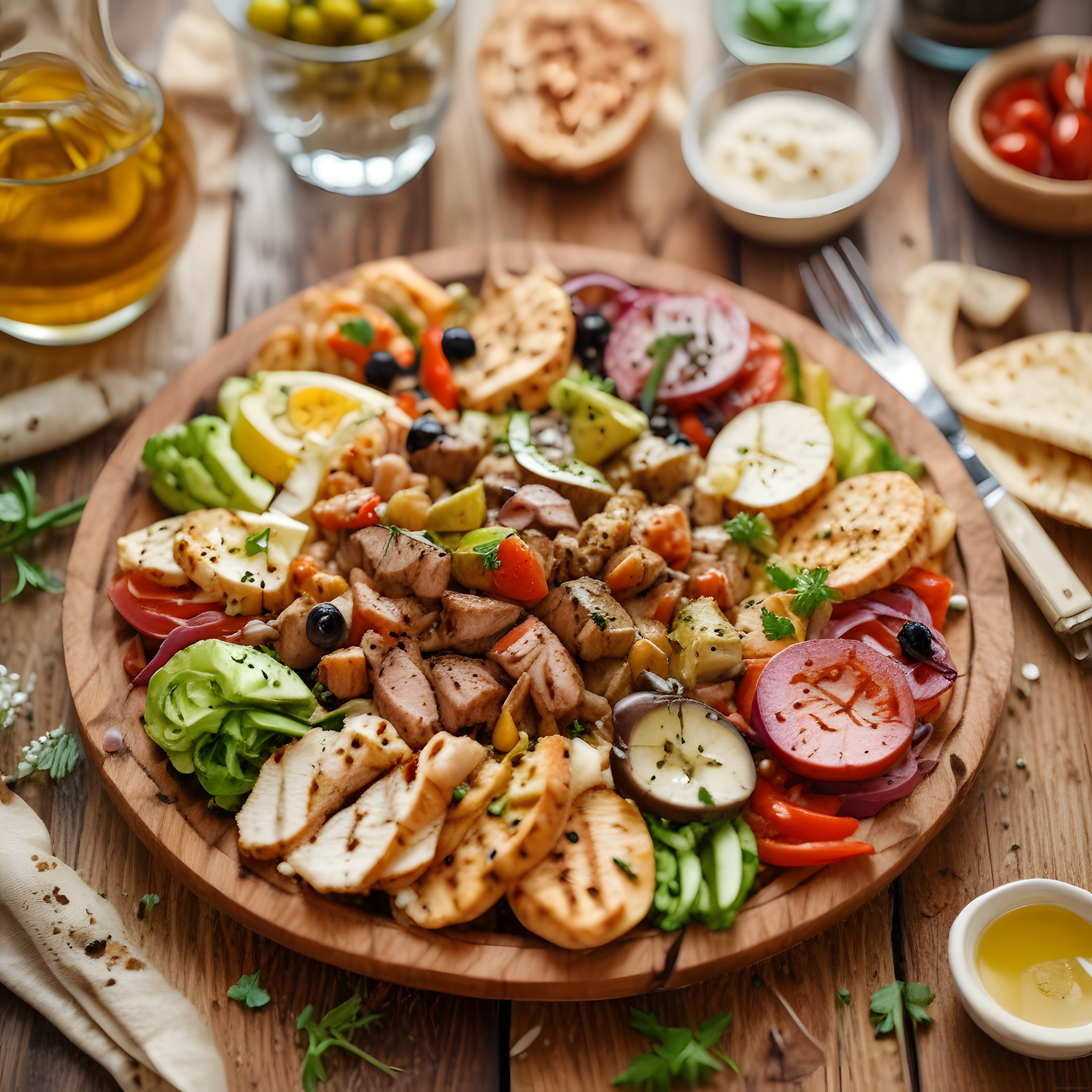 Ahşap sunum tahtası üzerinde tavuklu ve avokadolu zengin salata tabağı
