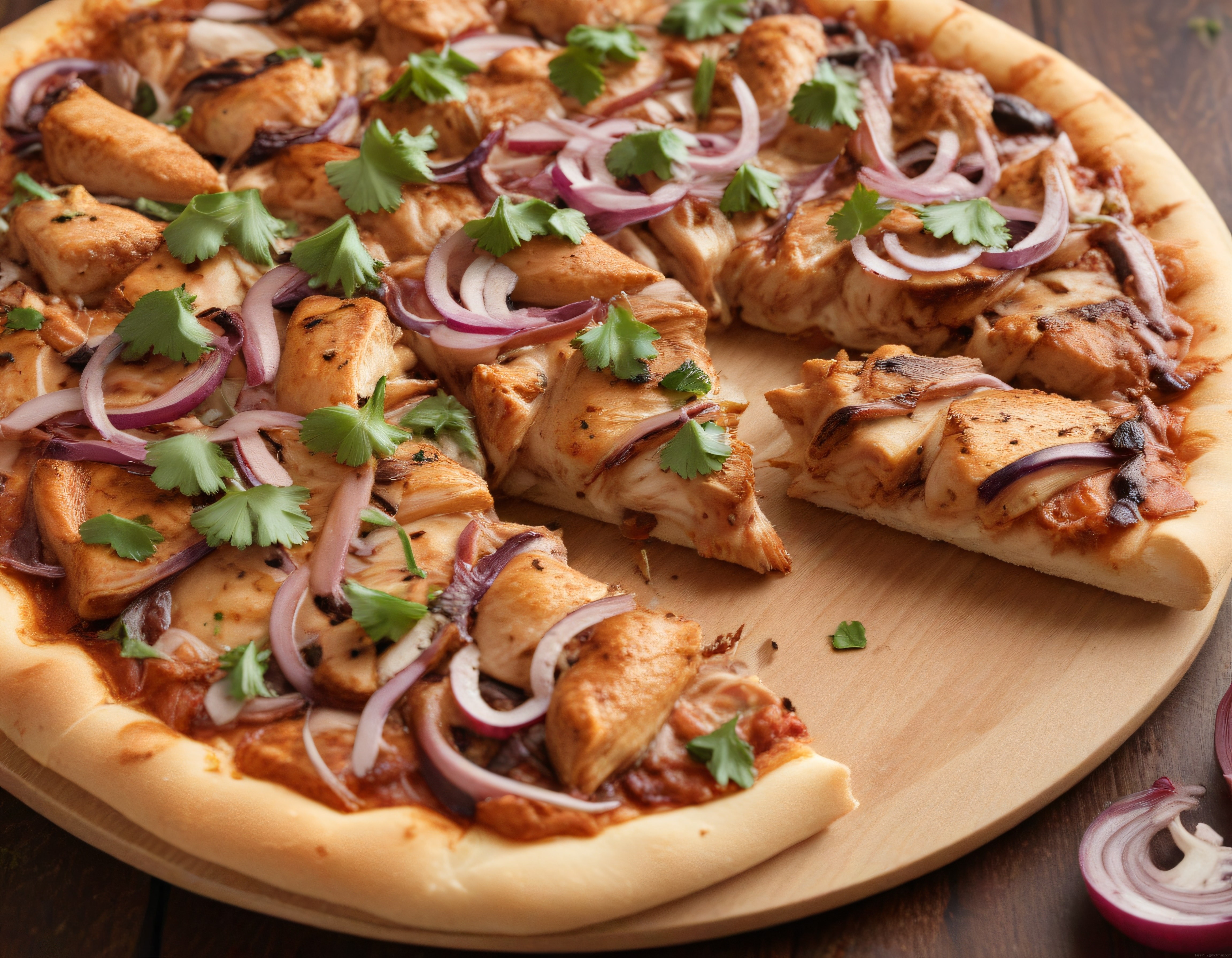Ahşap Sunum Tahtası Üzerinde Tavuklu ve Kırmızı Soğanlı Pizza Tarifi