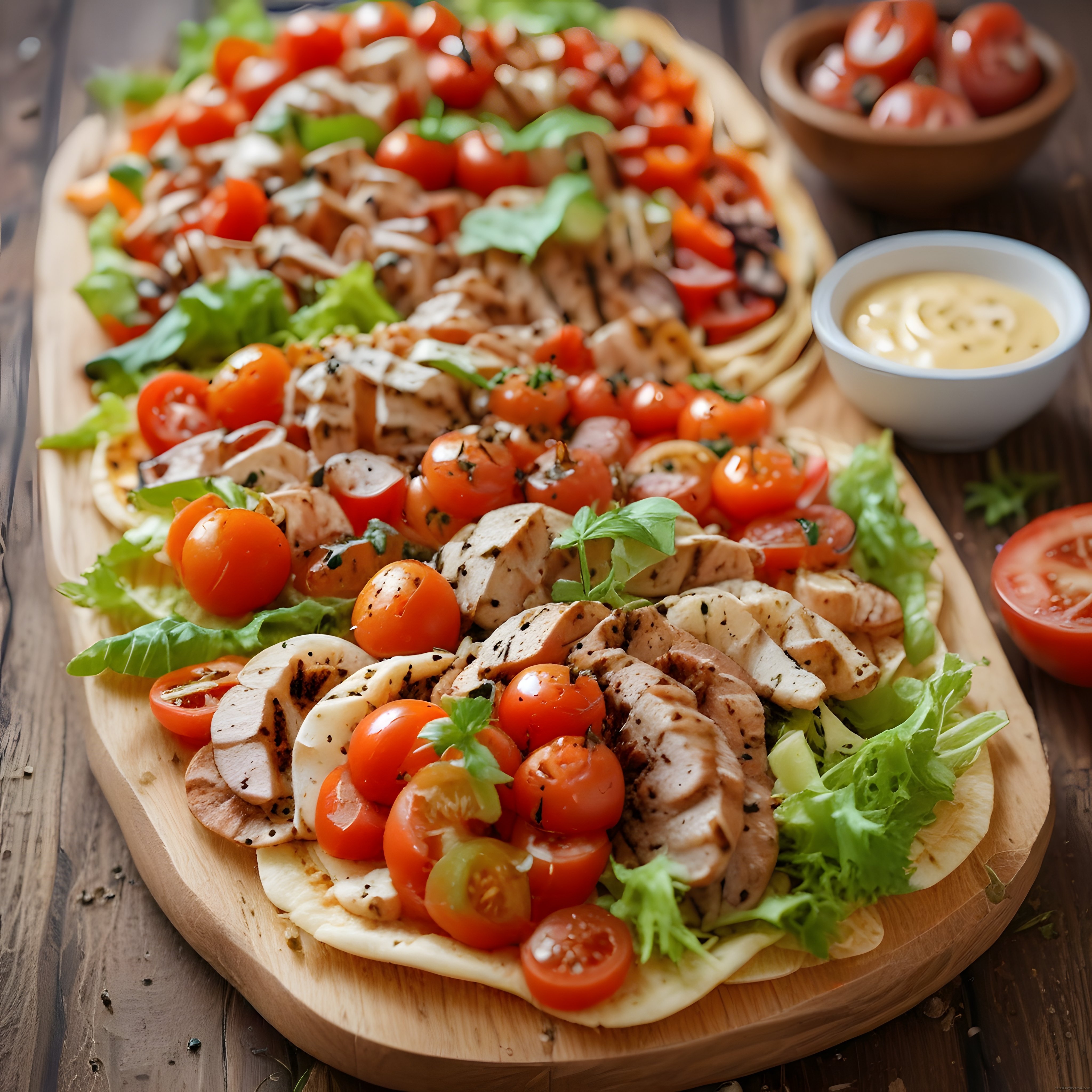 Ahşap Sunum Tahtası Üzerinde Tavuklu ve Sebzeli Flatbread Hazırlığı