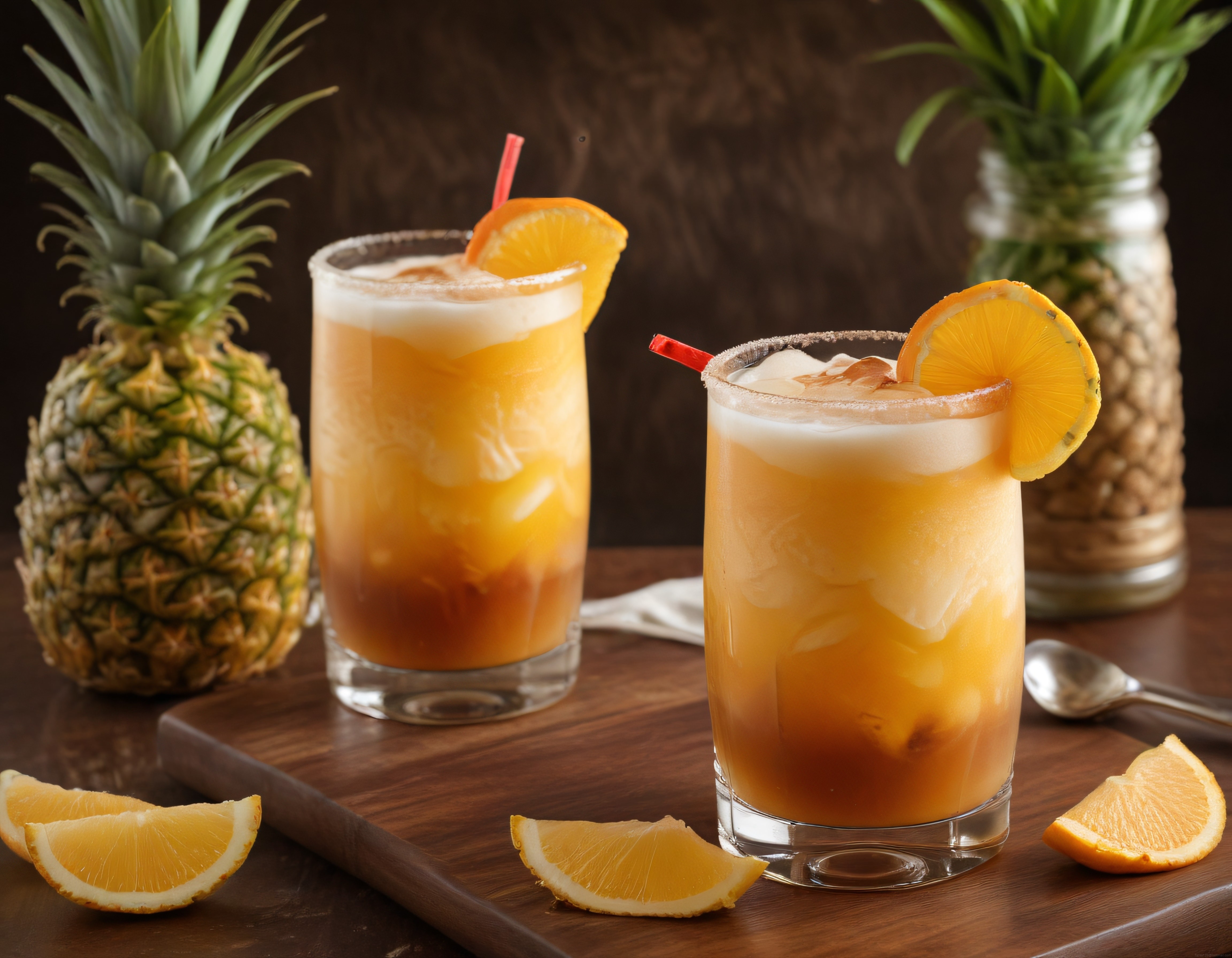 Ahşap sunum tahtası üzerinde taze ananas ve portakal süslemeli yaz kokteylleri