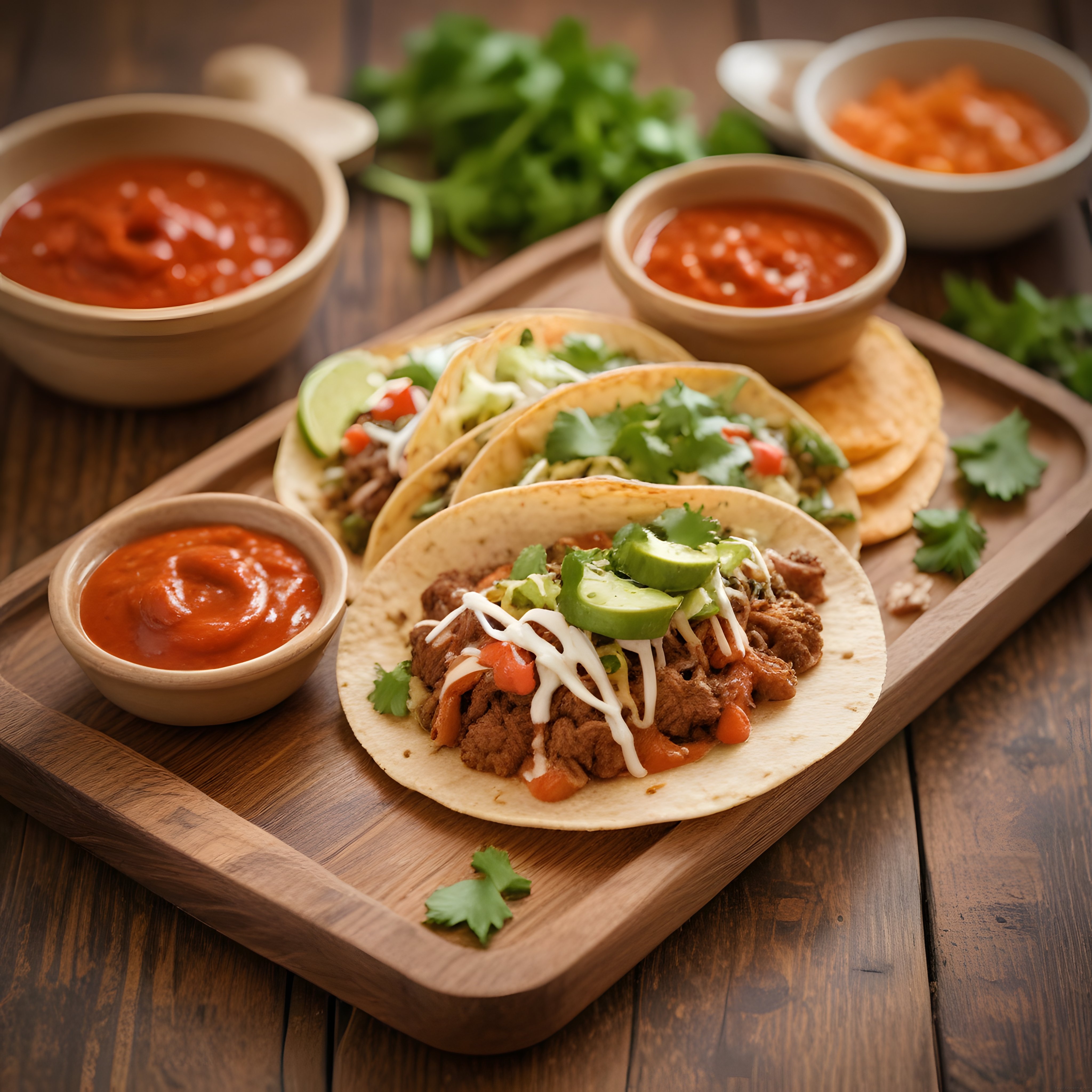 Ahşap sunum tahtası üzerinde taze avokado ve kişnişli Meksika taco tabağı