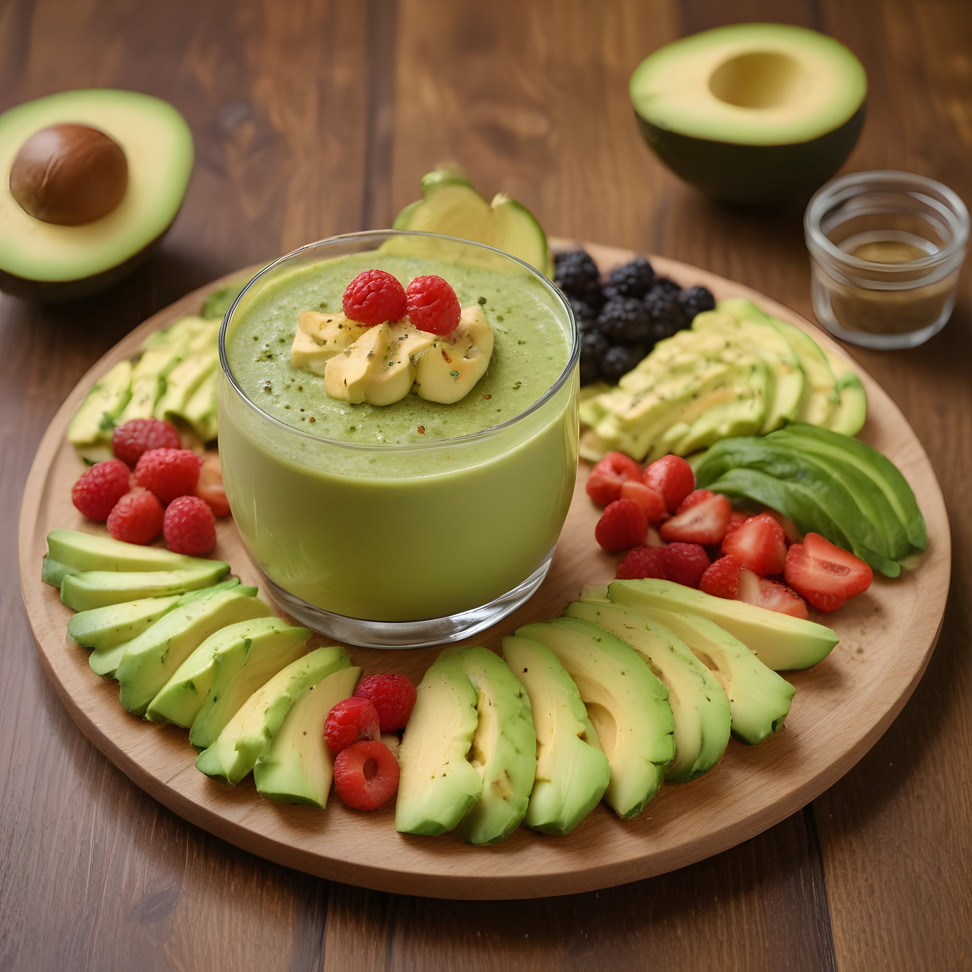 Ahşap Sunum Tahtası Üzerinde Taze Avokado ve Meyveli Lezzetli Yeşil Smoothie