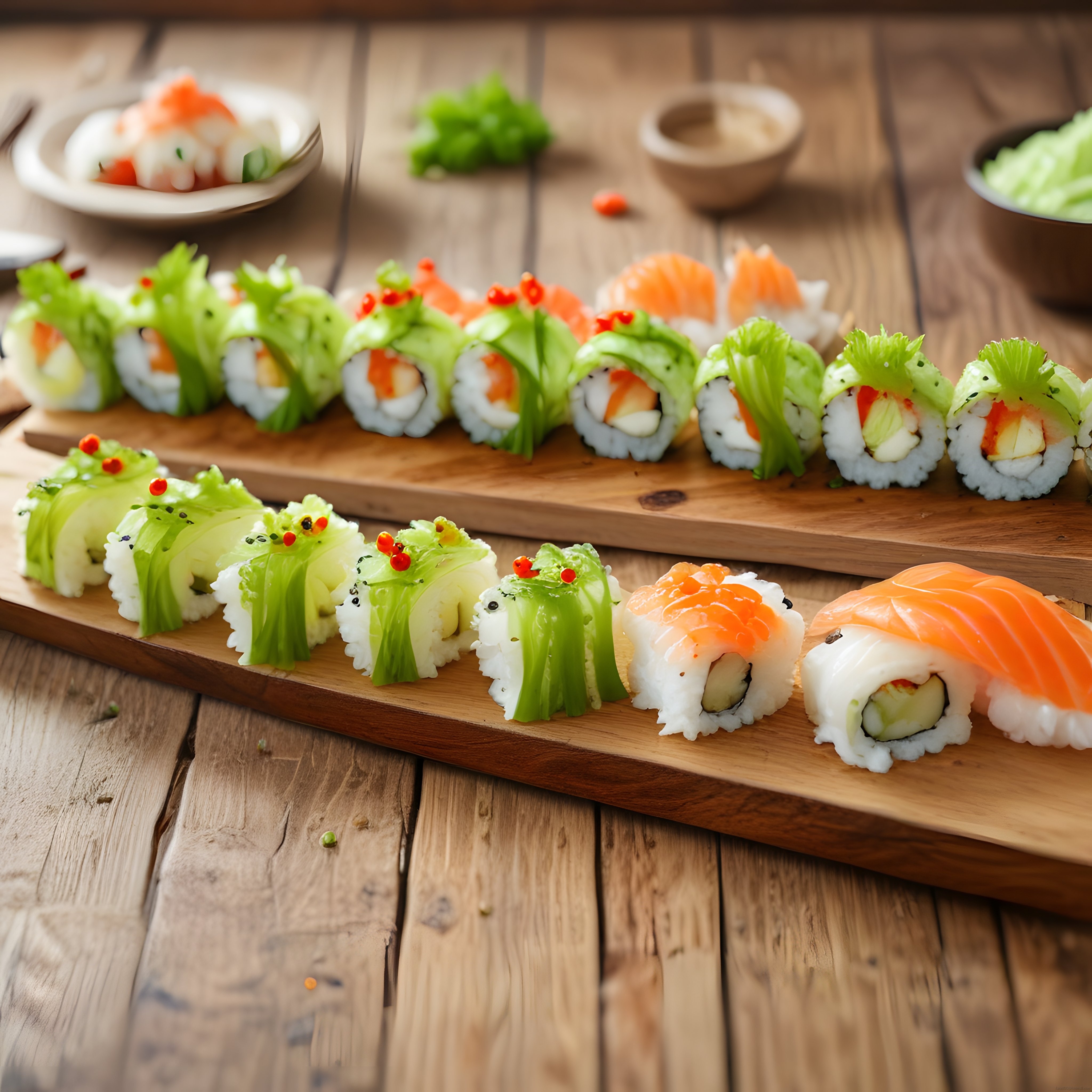 Ahşap Sunum Tahtası Üzerinde Taze Avokadolu ve Somonlu Sushi Çeşitleri