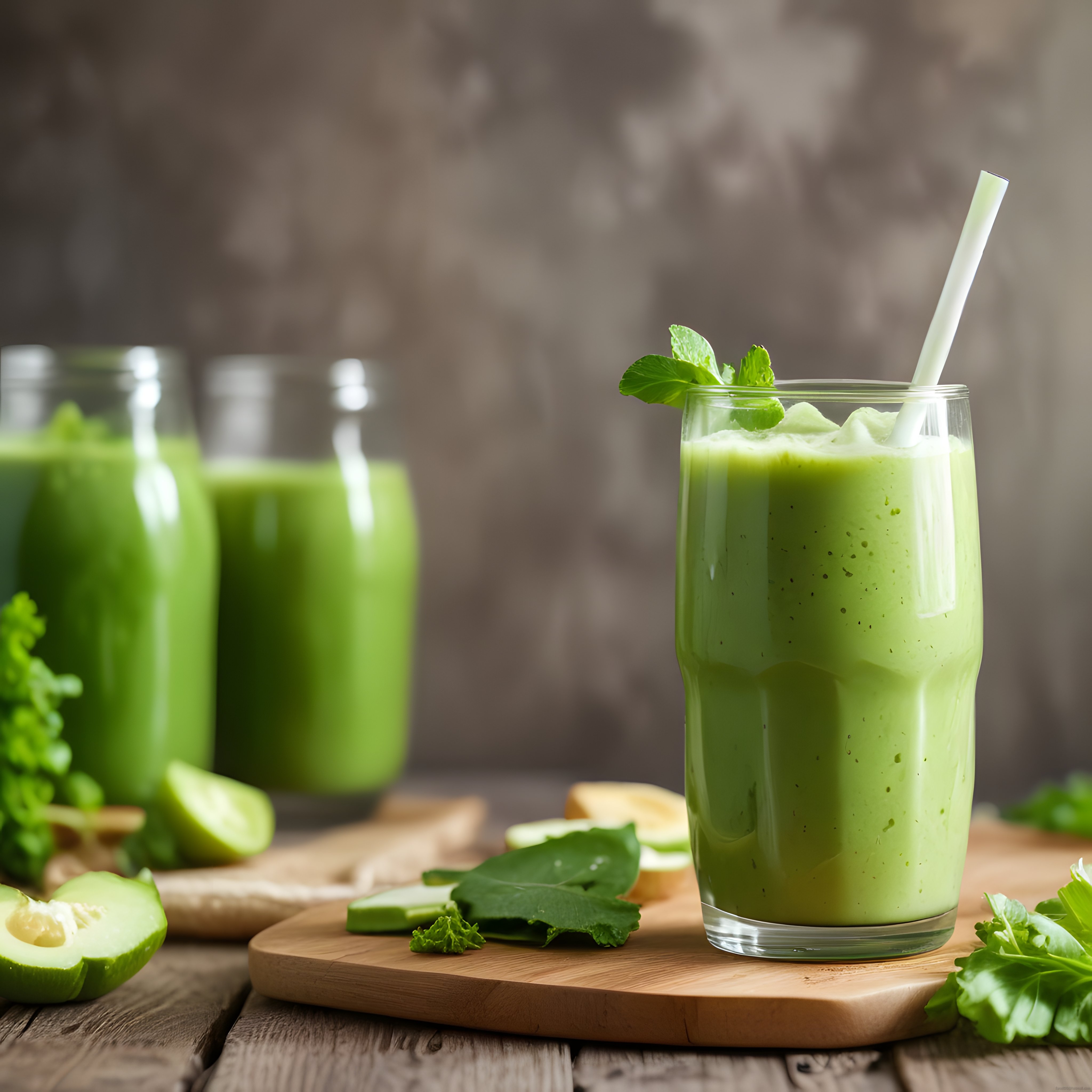 Ahşap Sunum Tahtası Üzerinde Taze Avokadolu Yeşil Smoothie ve Nane Yaprakları
