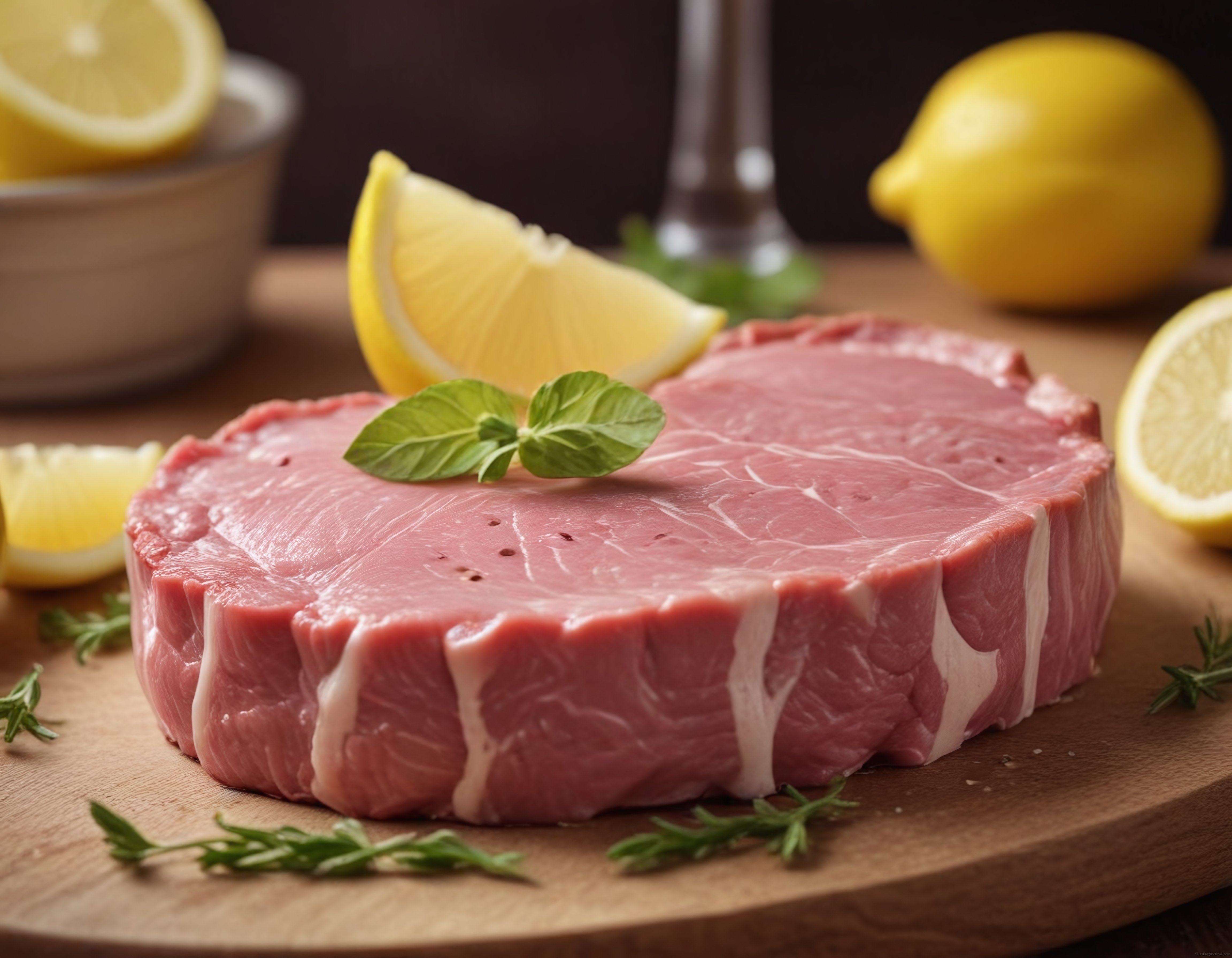 Ahşap Sunum Tahtası Üzerinde Taze Baharatlar ve Limon Eşliğinde Çiğ Dana Bonfile Dilimi