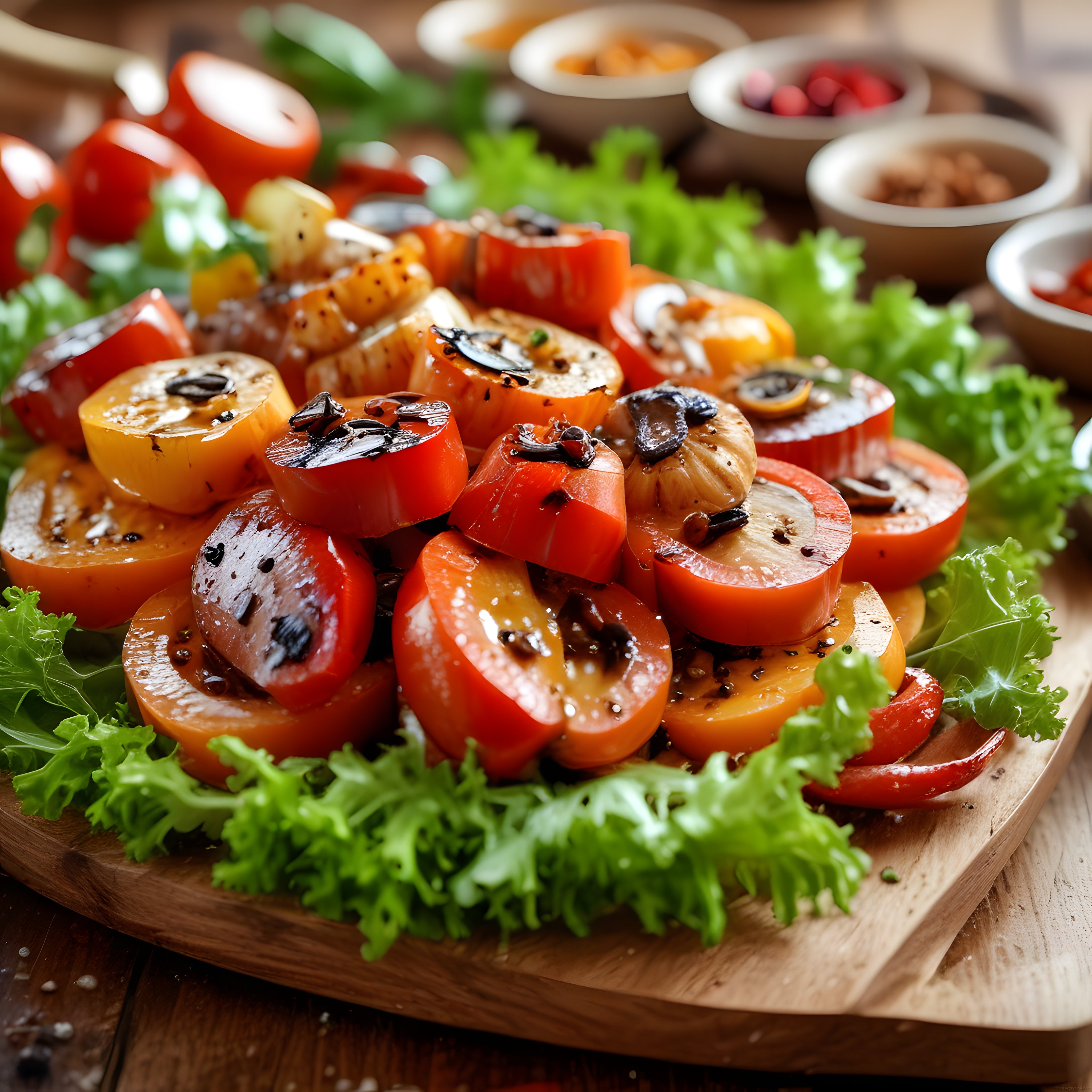 Ahşap Sunum Tahtası Üzerinde Taze Bahçe Domatesli ve Yeşillikli Nefis Salata
