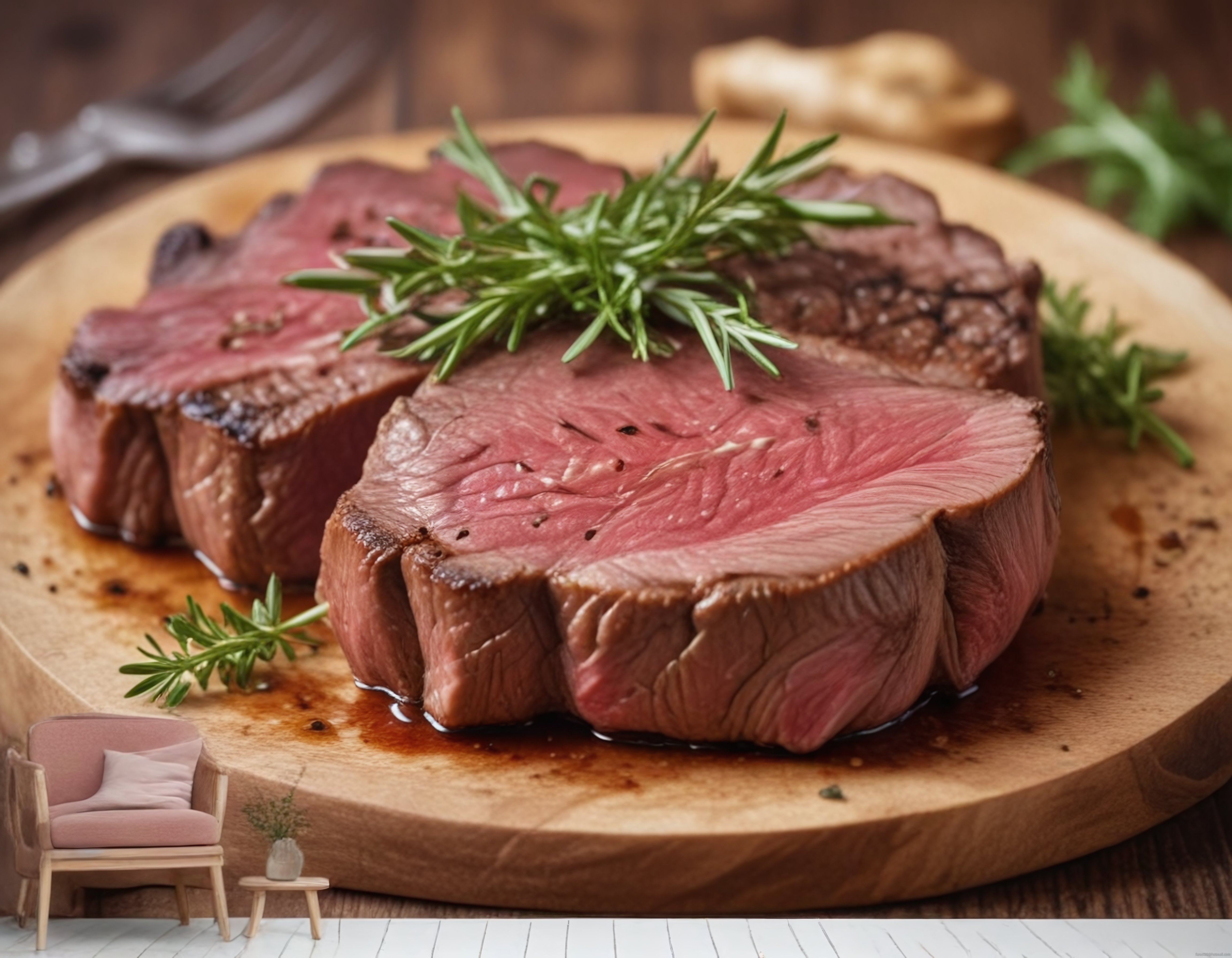 Ahşap Sunum Tahtası Üzerinde Taze Biberiye Yapraklı Orta Pişmiş Rostbeef