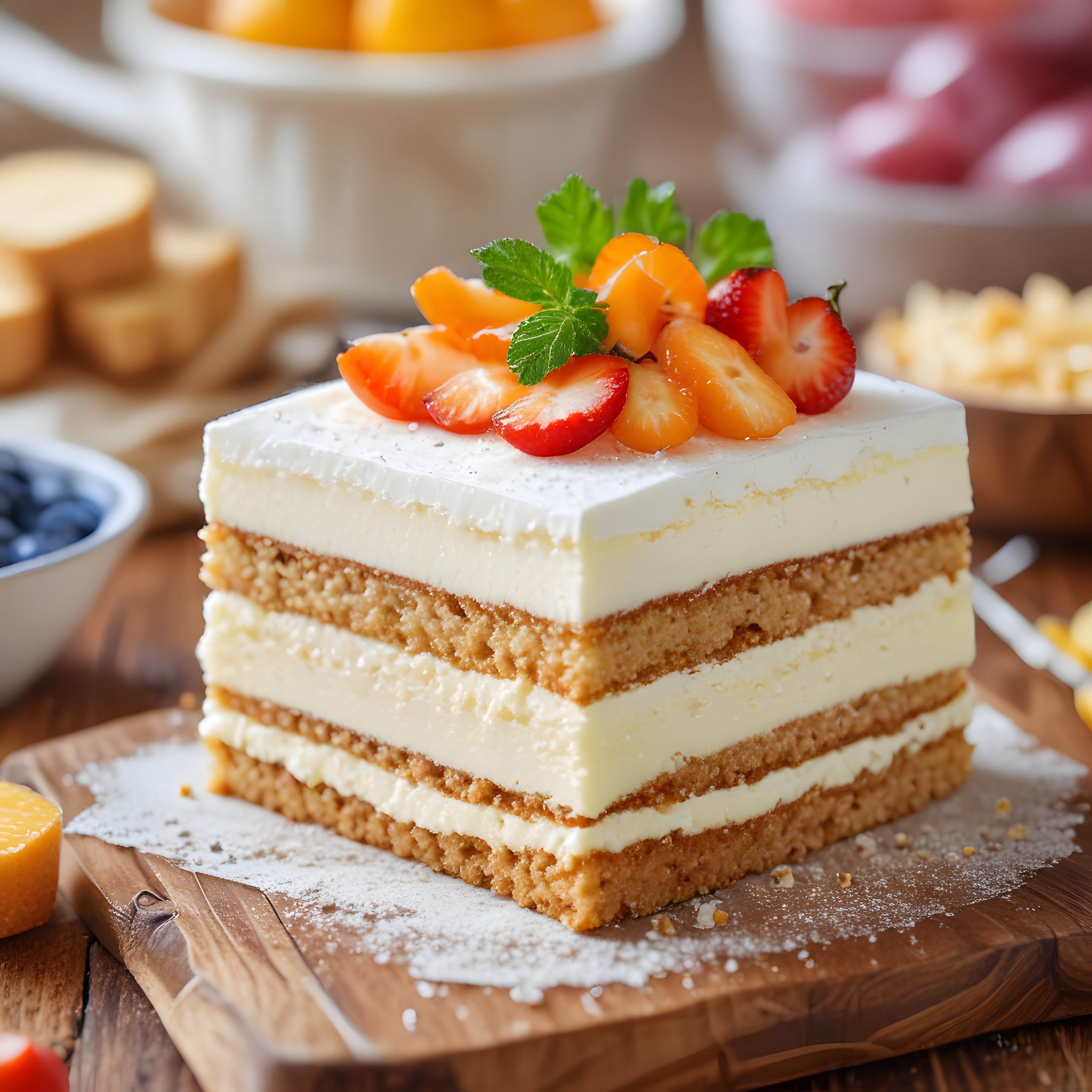 Ahşap sunum tahtası üzerinde taze çilekli ve kayısılı katlı cheesecake tatlısı