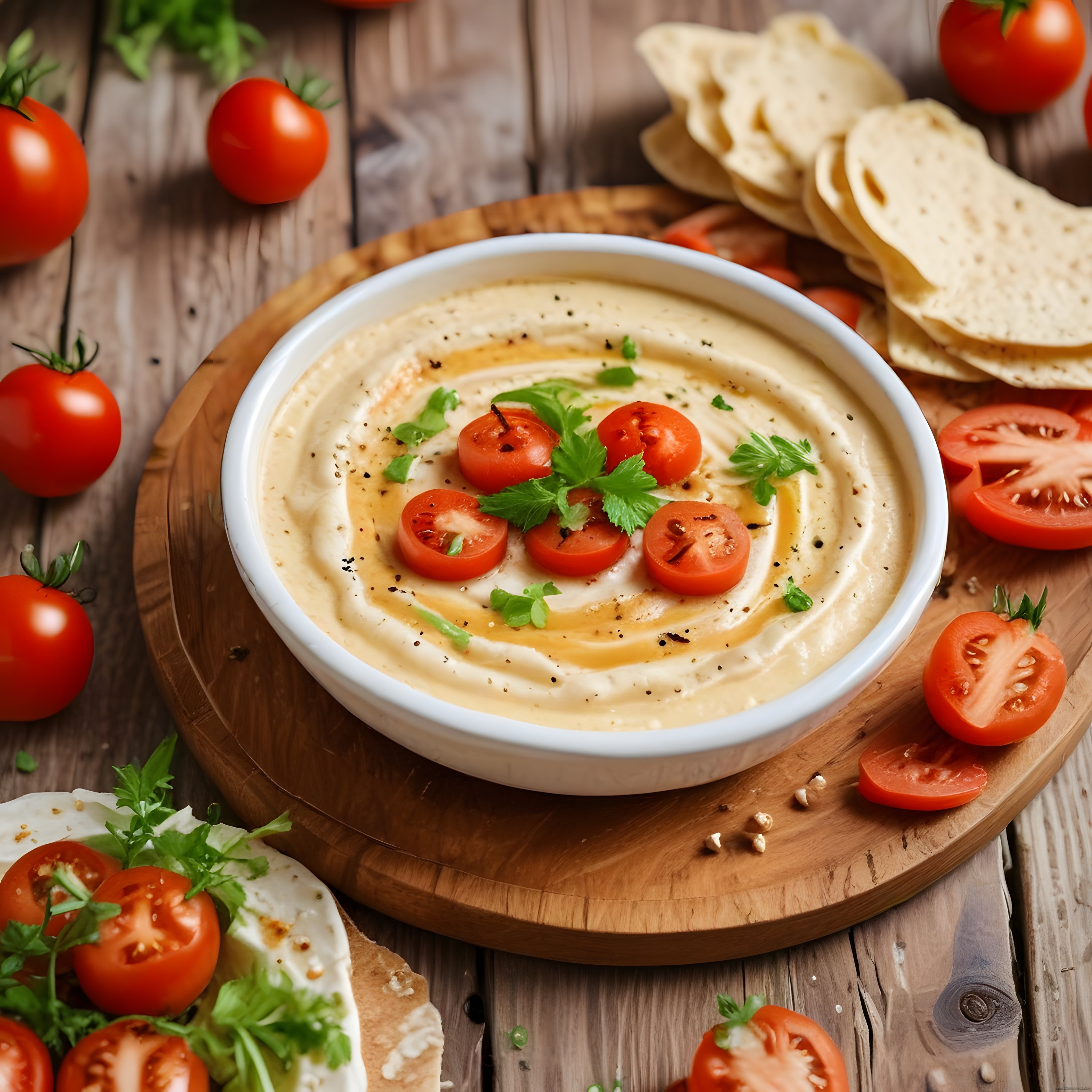 Ahşap Sunum Tahtası Üzerinde Taze Domates ve Maydanozlu Ev Yapımı Humus