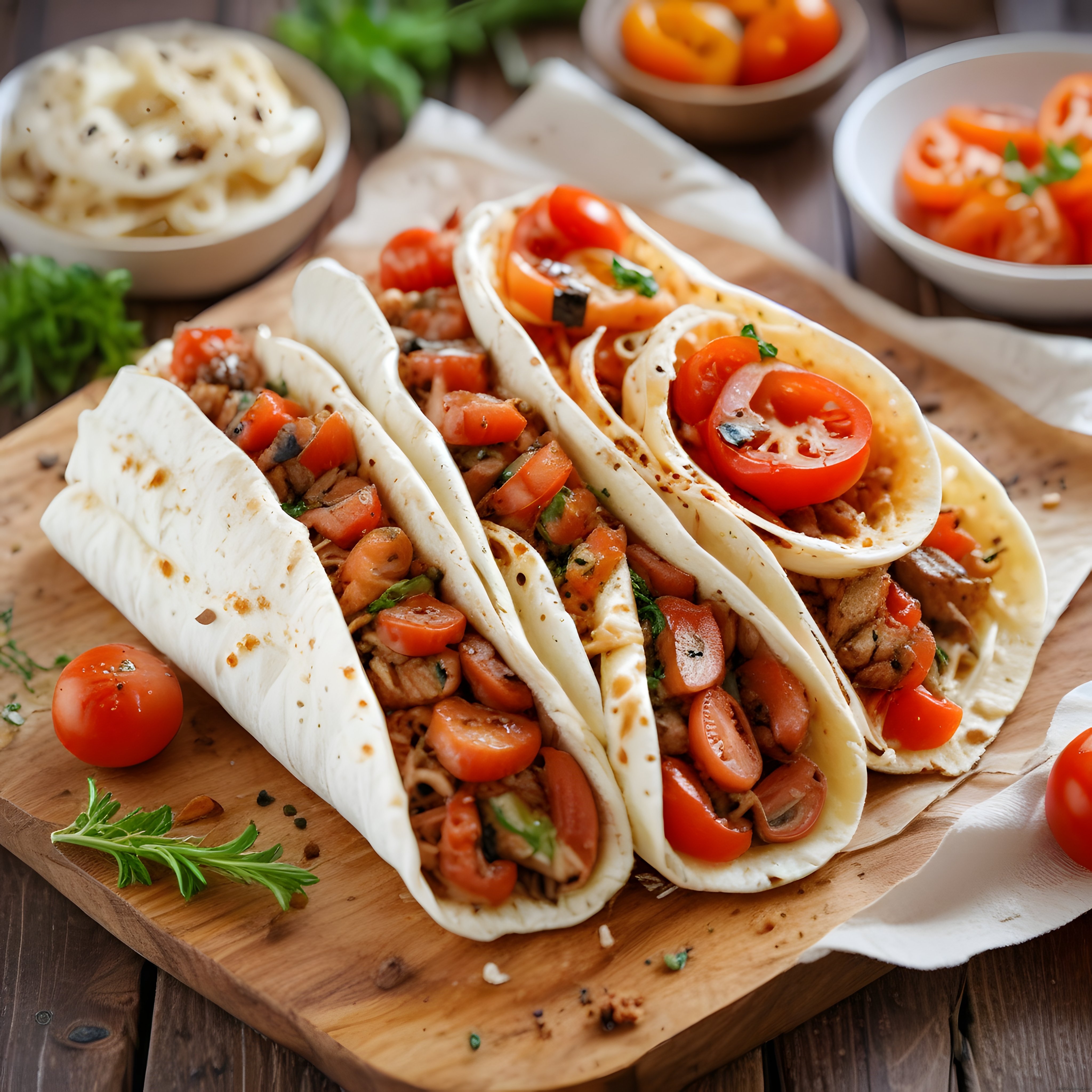 Ahşap Sunum Tahtası Üzerinde Taze Domatesli ve Etli Meksika Taco'ları