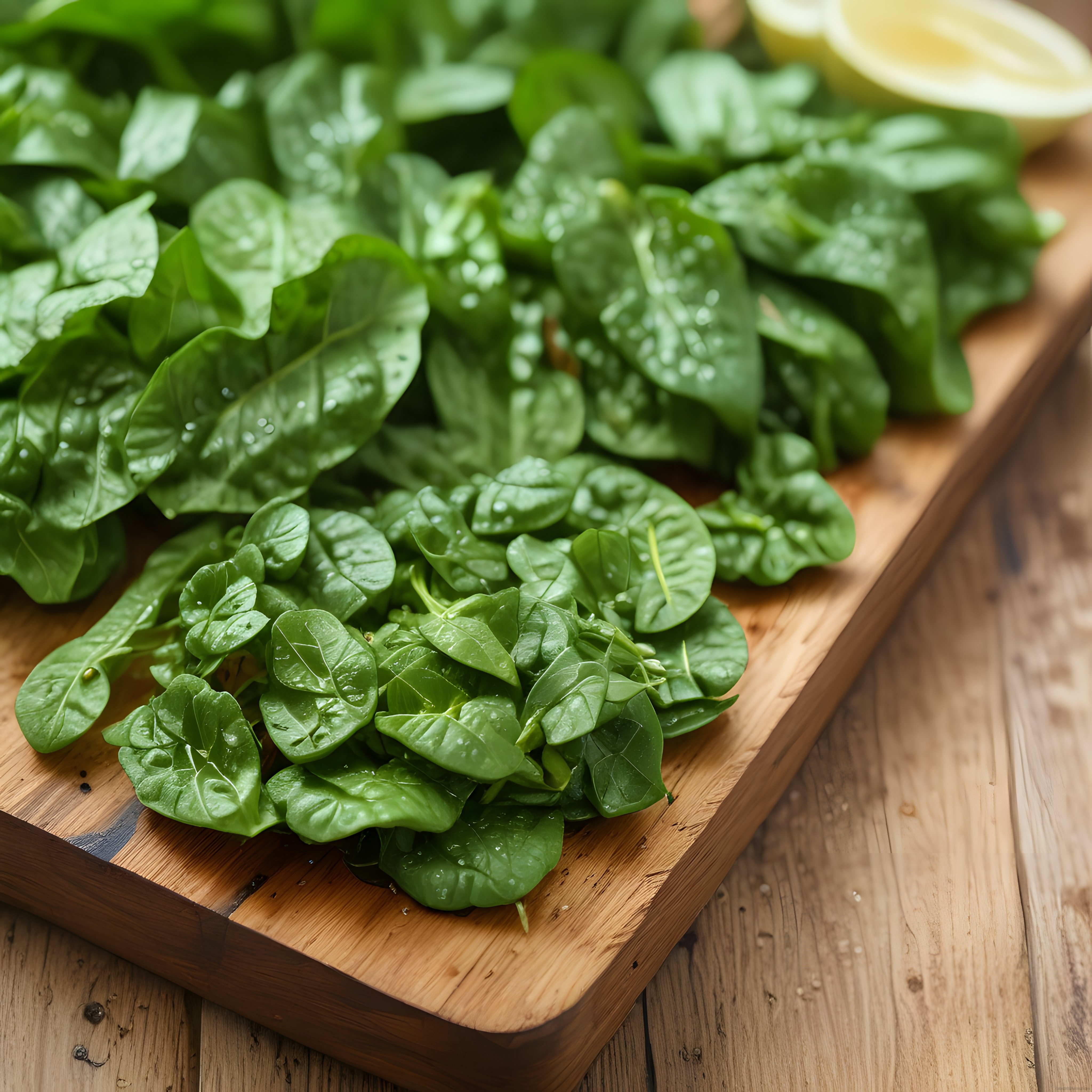 Ahşap Sunum Tahtası Üzerinde Taze Ispanak Yaprakları ve Limon Dilimi