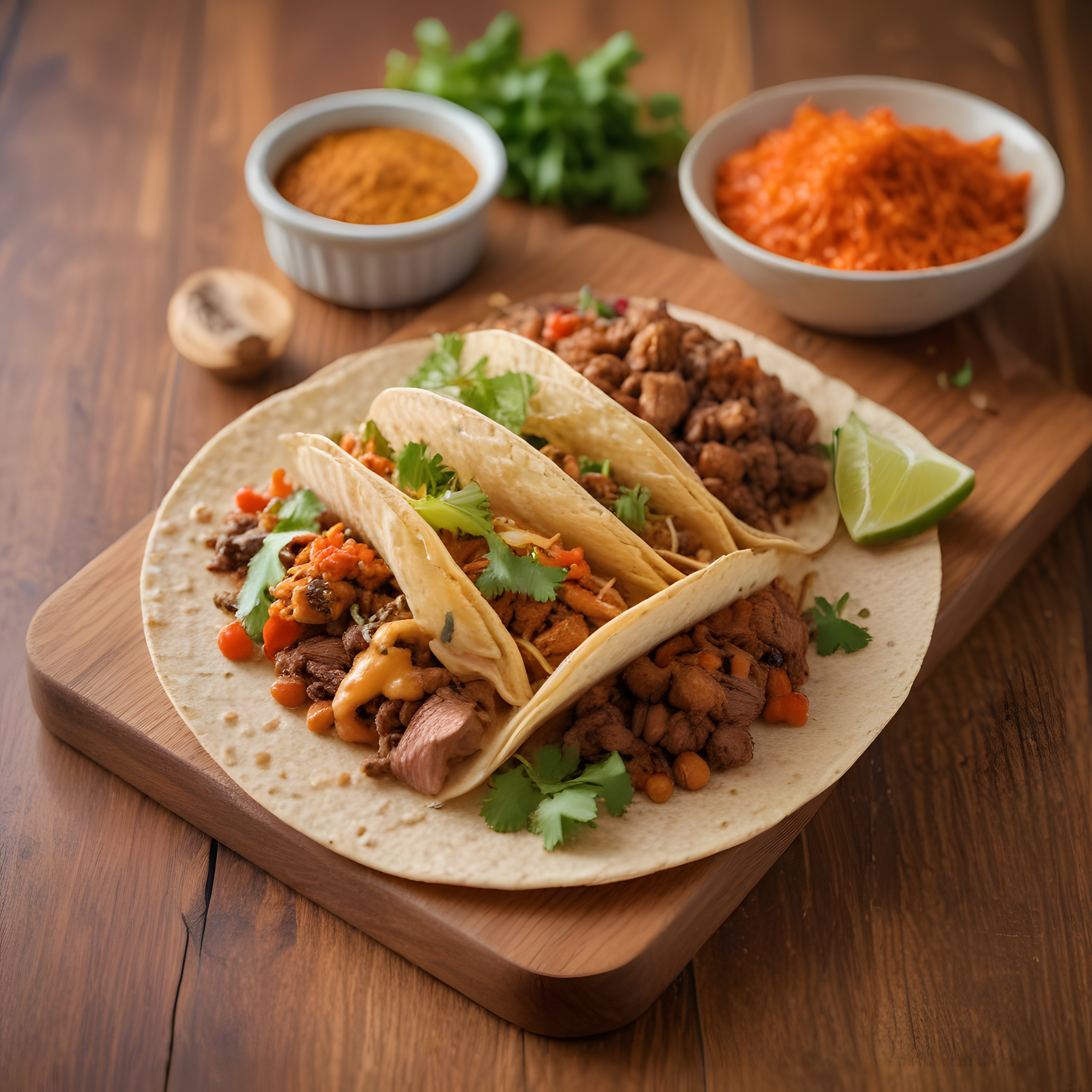 Ahşap sunum tahtası üzerinde taze kişniş ve limon eşliğinde Meksika tacos