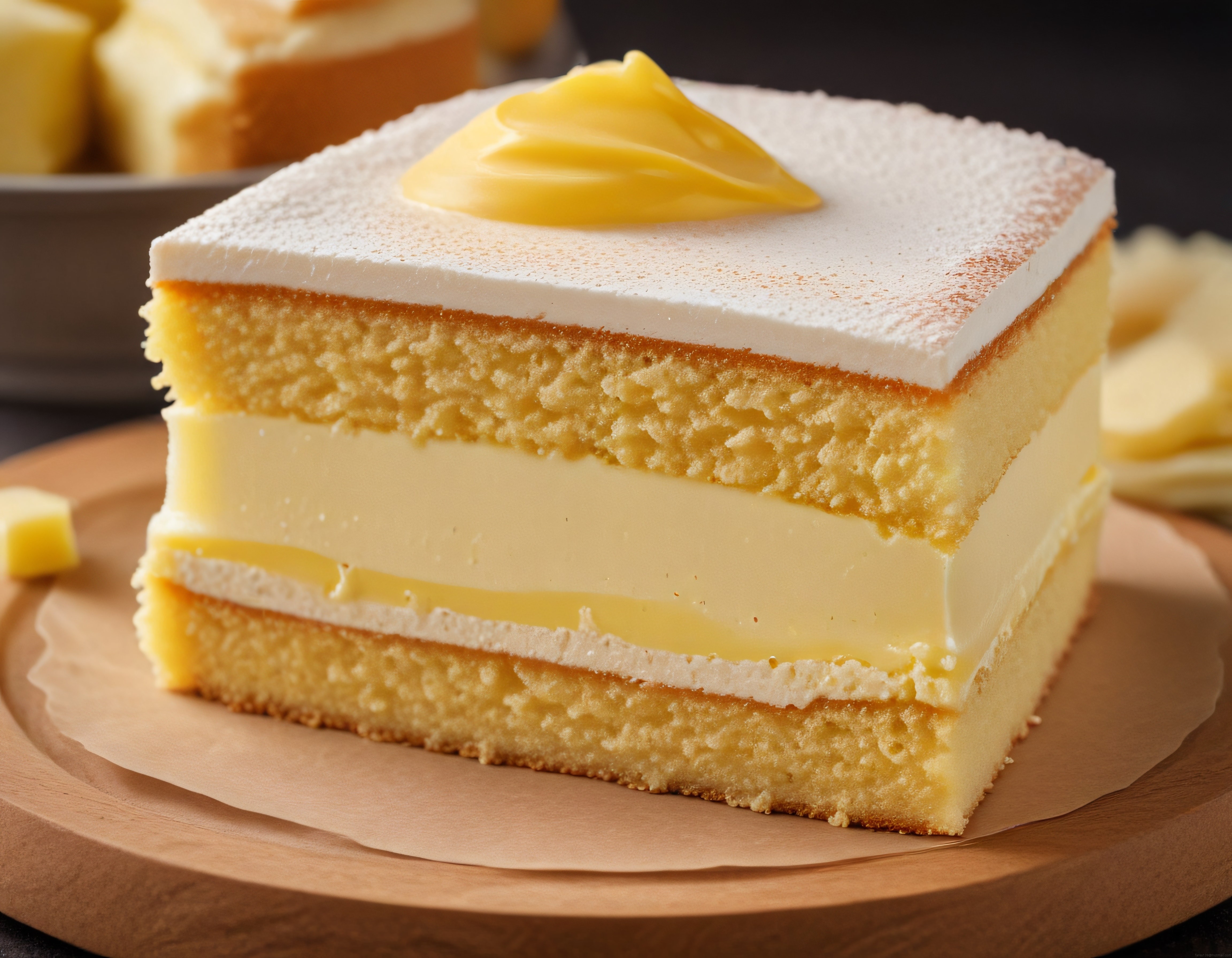 Ahşap Sunum Tahtası Üzerinde Taze Limon Kremalı Katmanlı Pasta Dilimi