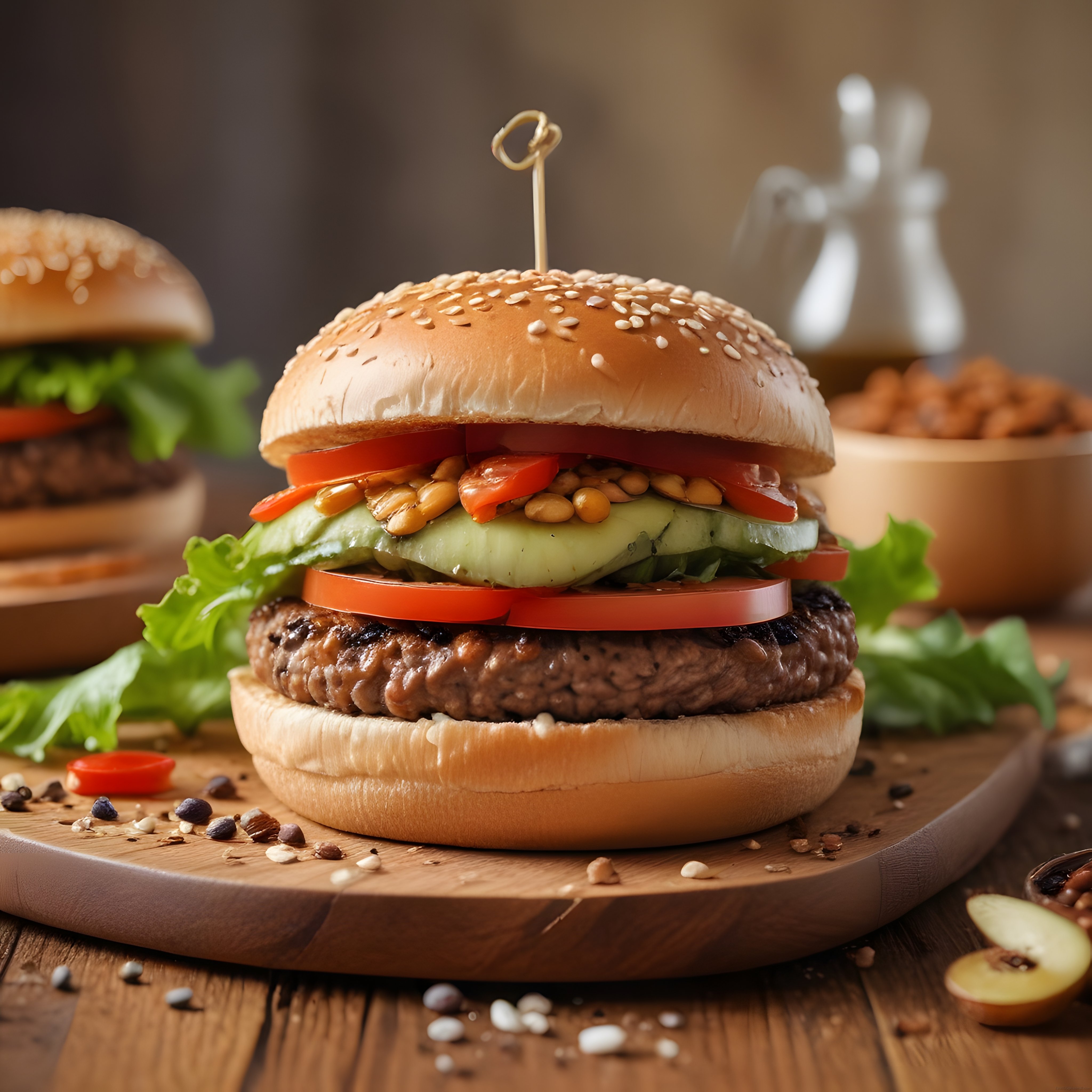 Ahşap Sunum Tahtası Üzerinde Taze Malzemelerle Hazırlanmış Gourmet Hamburger