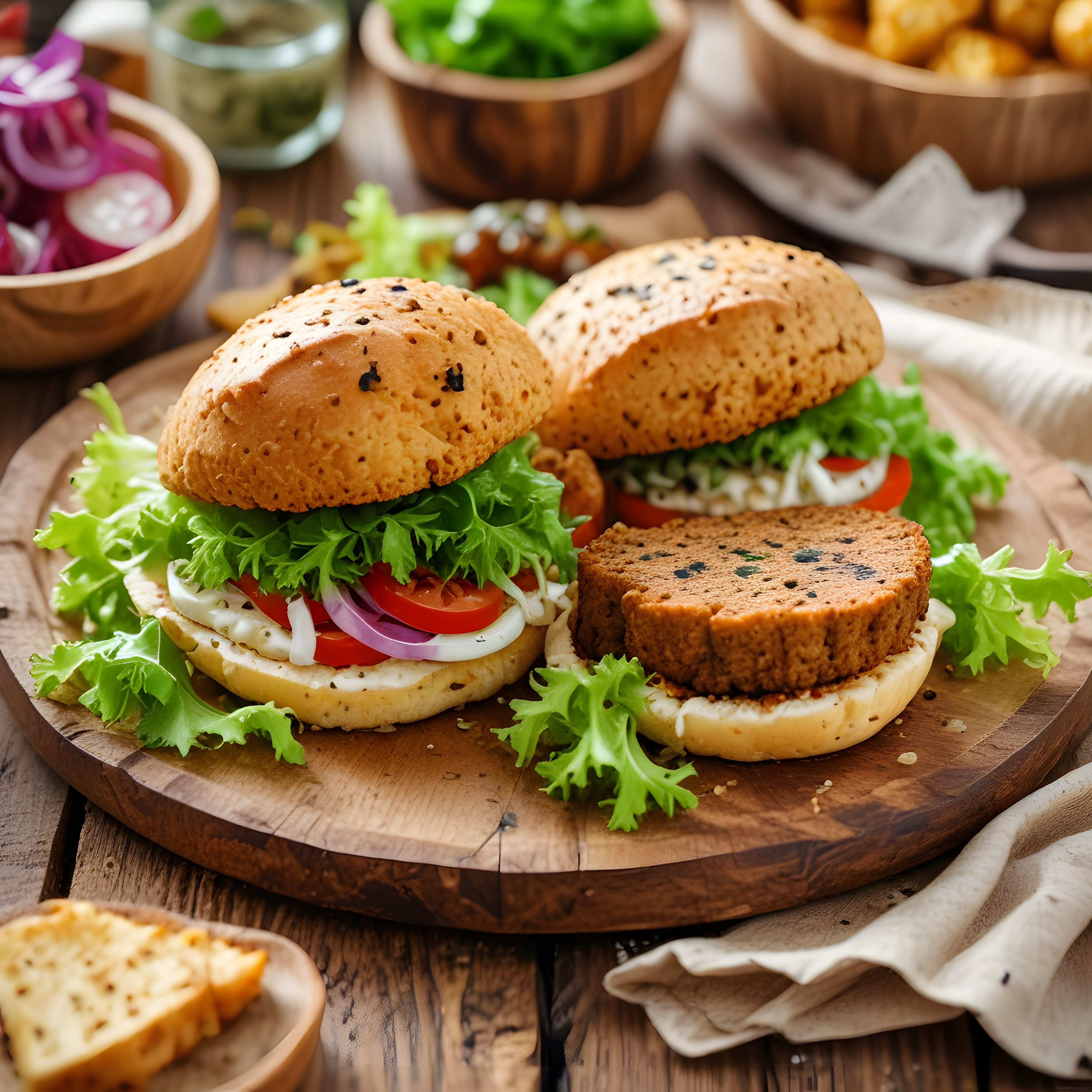 Ahşap Sunum Tahtası Üzerinde Taze Malzemeli Ev Yapımı Burger ve Sandviç
