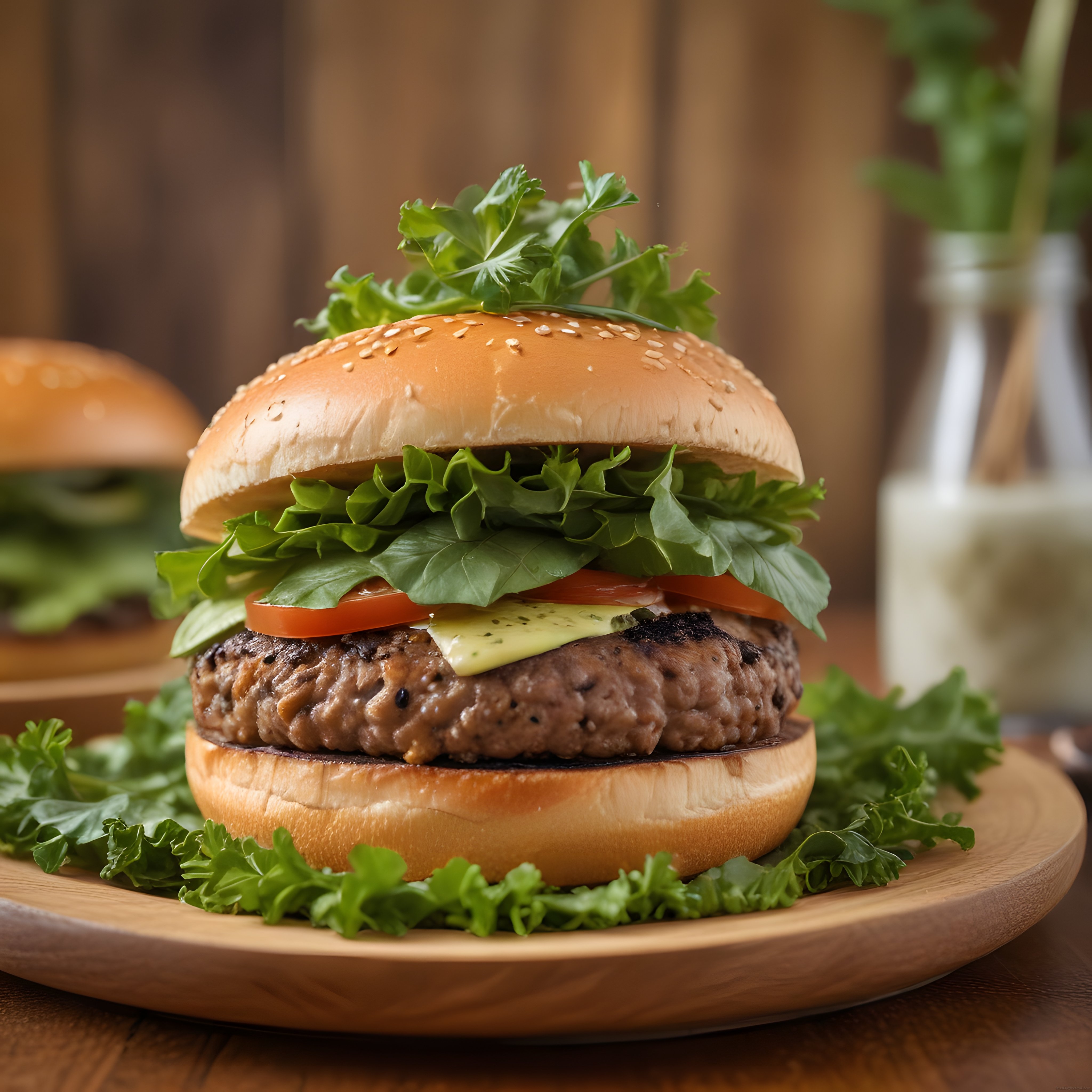 Ahşap sunum tahtası üzerinde taze malzemeli nefis gurme hamburger
