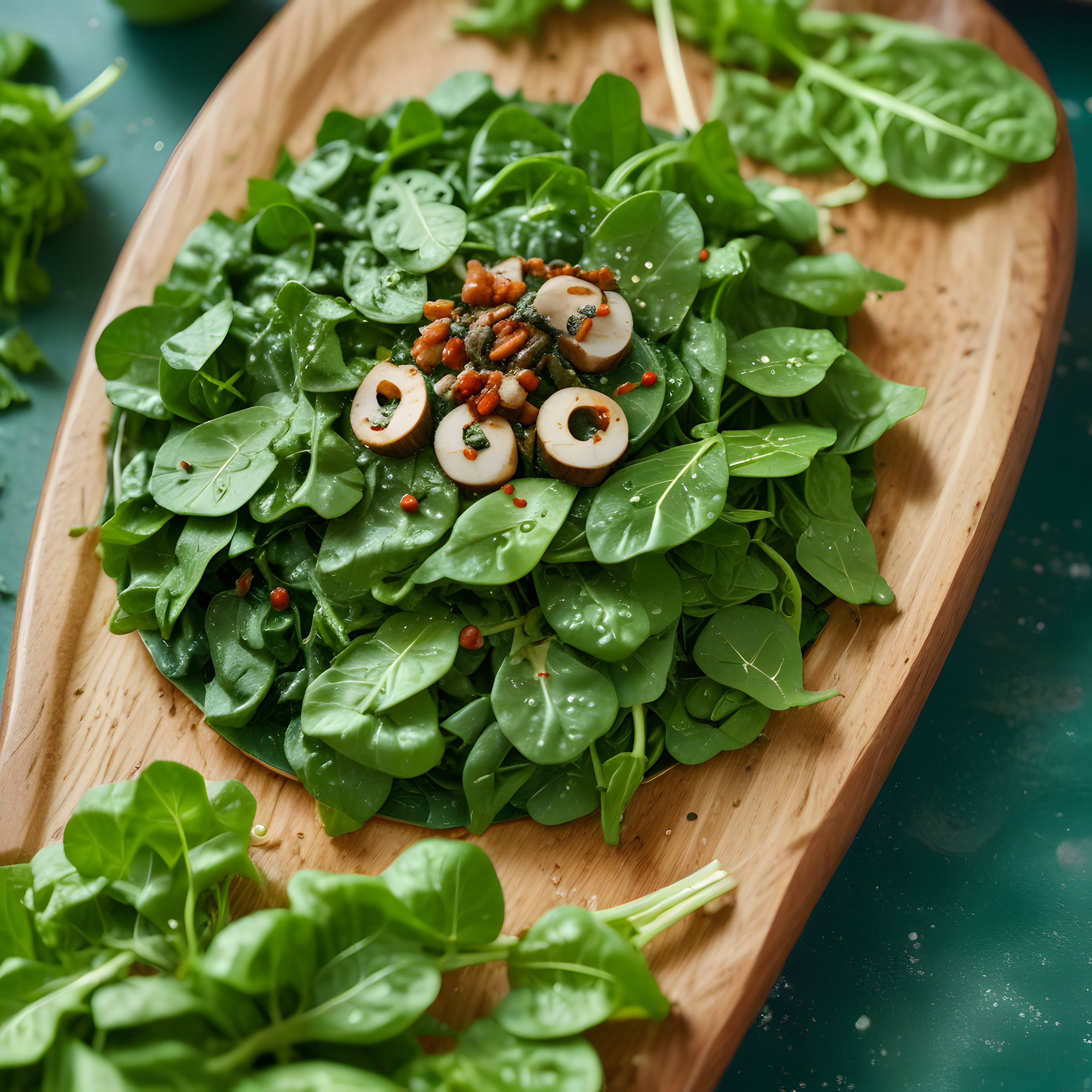 Ahşap Sunum Tahtası Üzerinde Taze Mantarlı Yeşil Salata ve Baharat Süslemesi