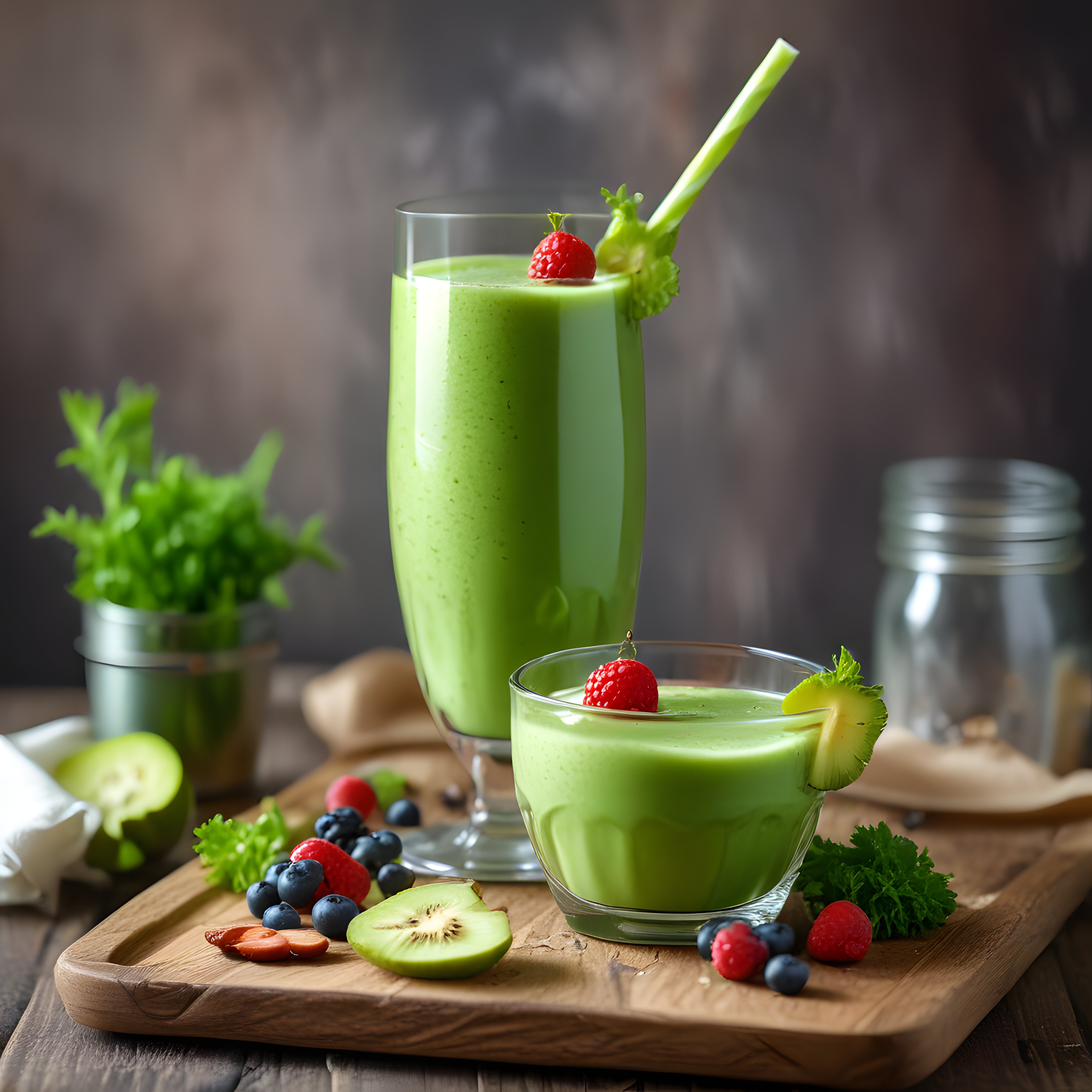 Ahşap sunum tahtası üzerinde taze meyvelerle süslenmiş yeşil detoks smoothie