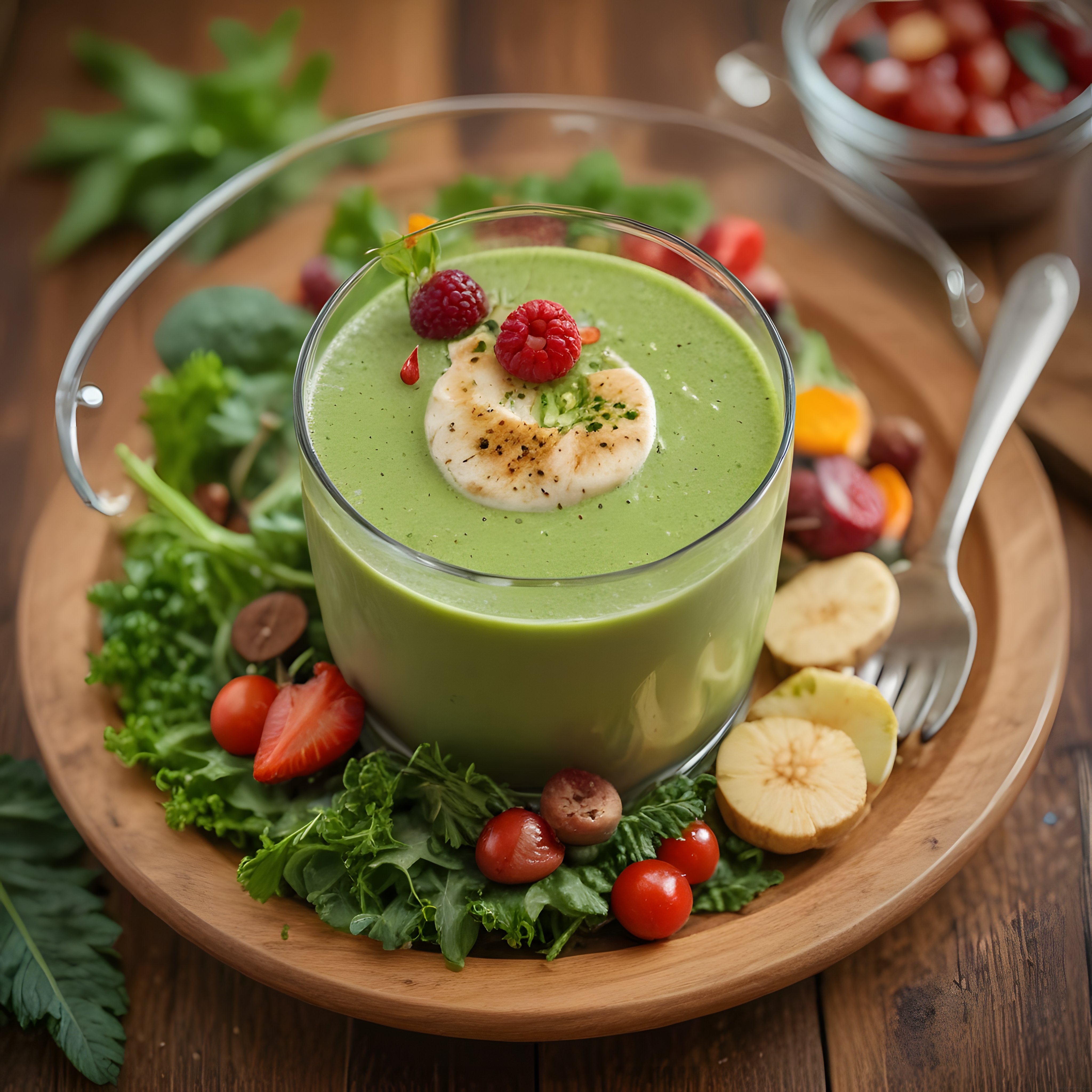 Ahşap Sunum Tahtası Üzerinde Taze Meyvelerle Süslenmiş Yeşil Smoothie Kasesi