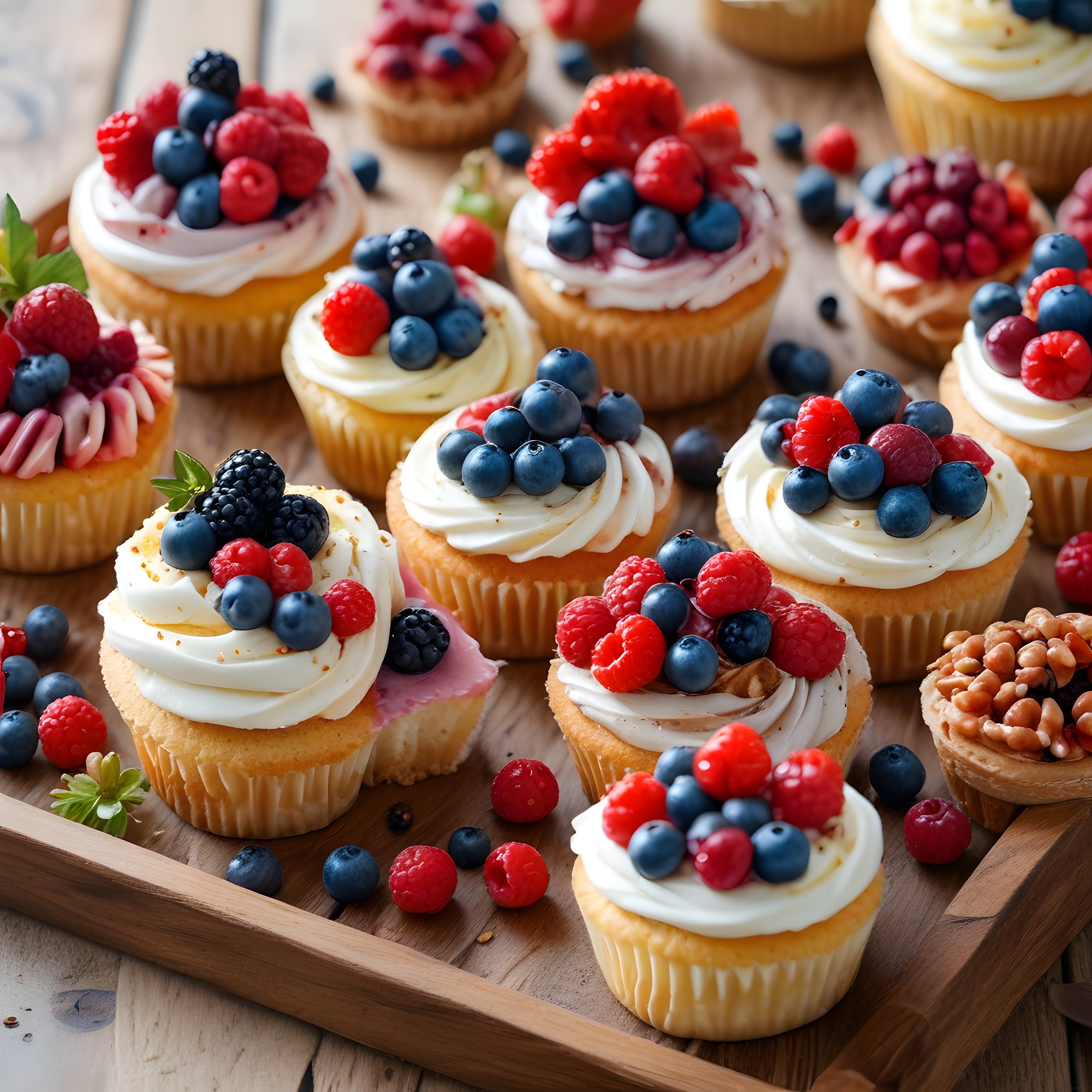 Ahşap Sunum Tahtası Üzerinde Taze Meyveli Kremalı Cupcake Lezzetleri