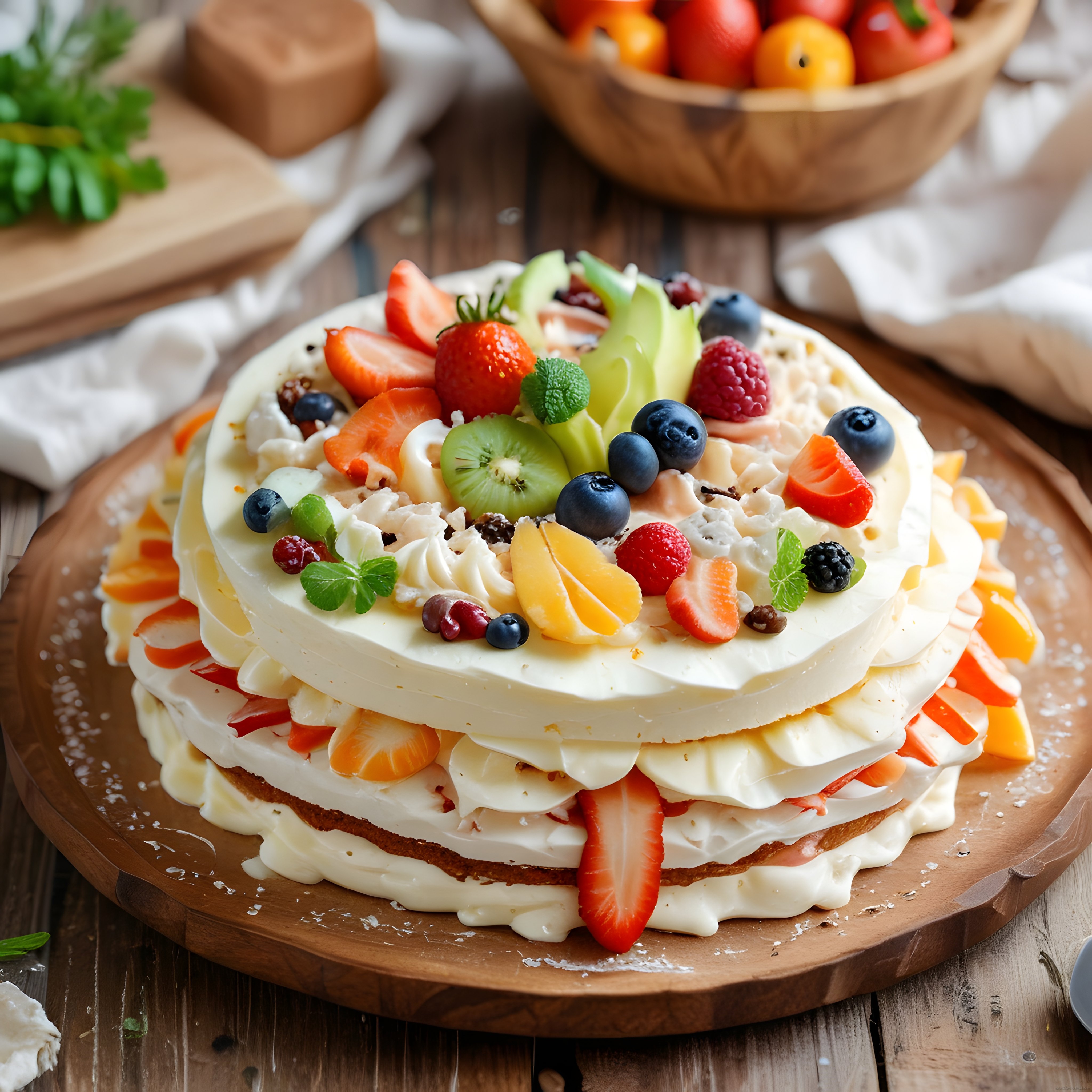Ahşap Sunum Tahtası Üzerinde Taze Meyveli ve Bol Kremalı Katlı Pasta