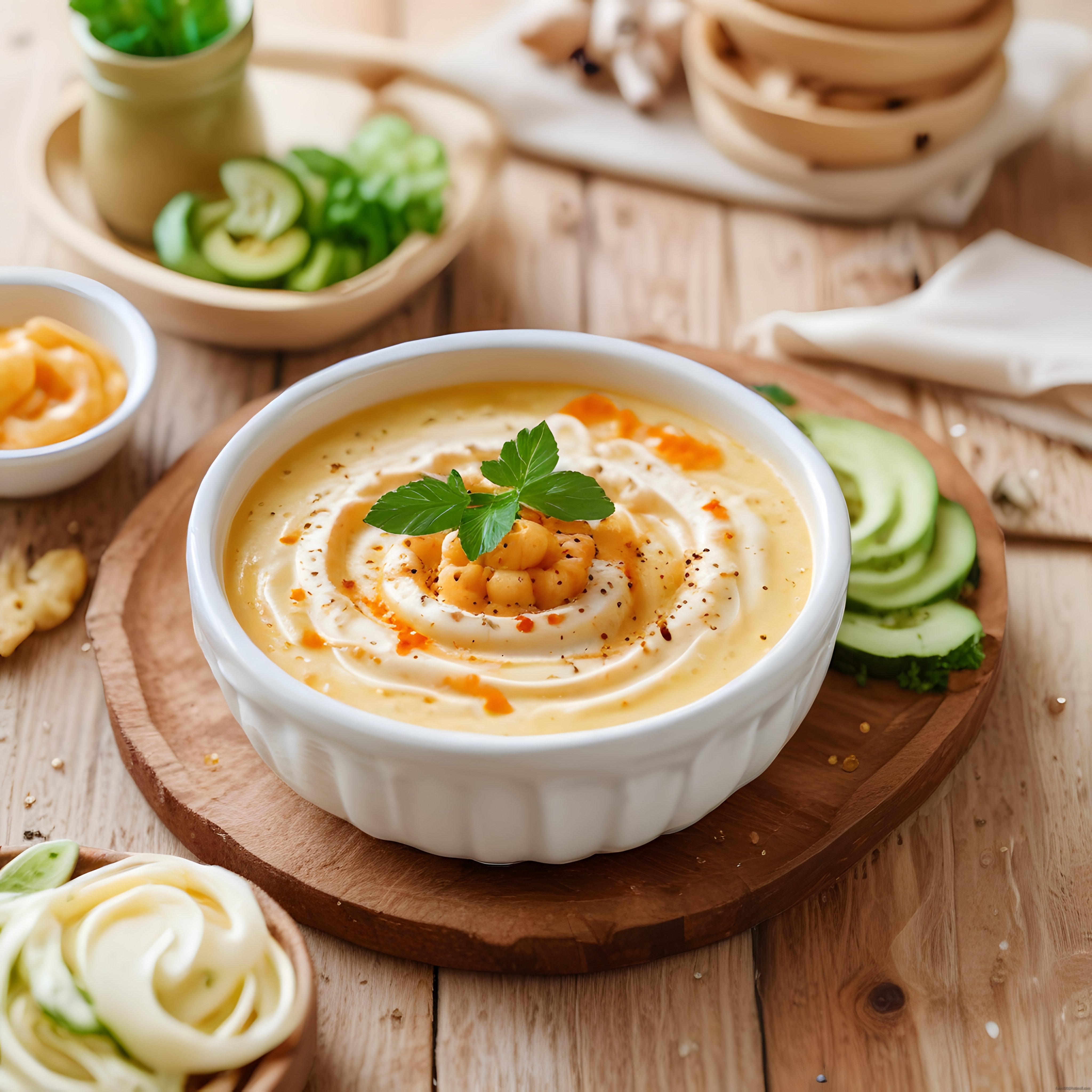 Ahşap Sunum Tahtası Üzerinde Taze Nane ve Salatalık Eşliğinde Kremalı Humus Kasesi