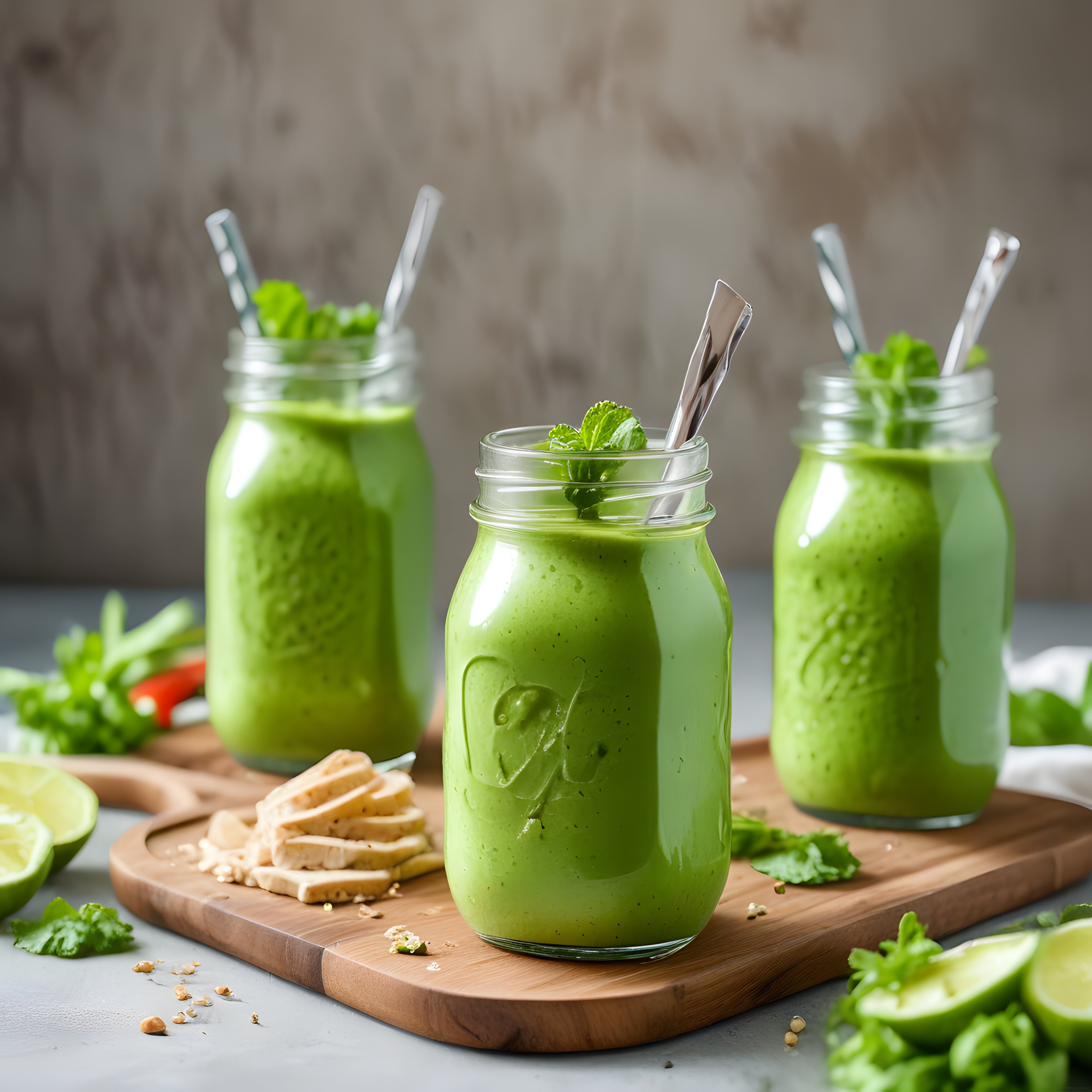 Ahşap sunum tahtası üzerinde taze naneli yeşil detoks smoothie kavanozları
