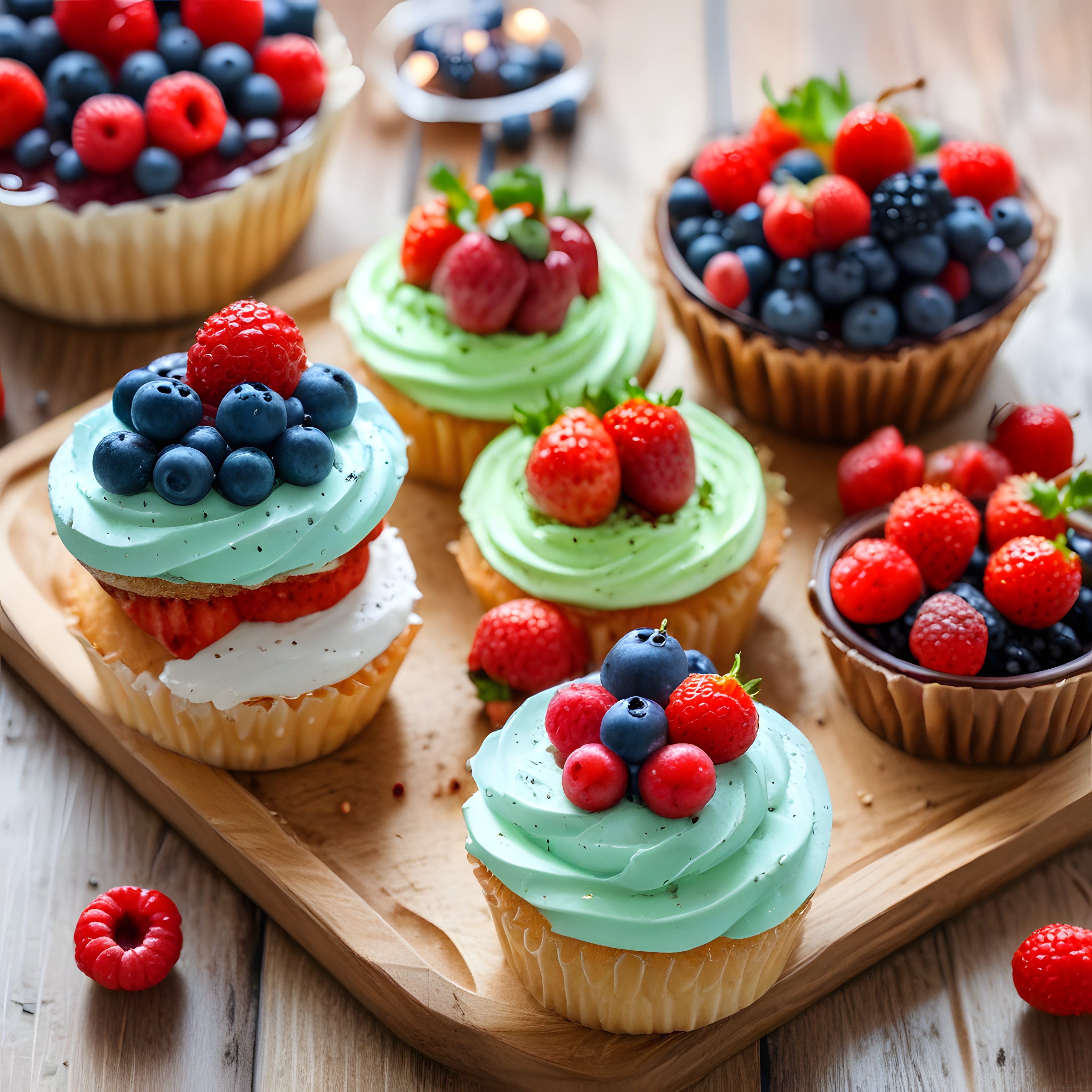 Ahşap Sunum Tahtası Üzerinde Taze Orman Meyveleriyle Süslenmiş Renkli Cupcakeler