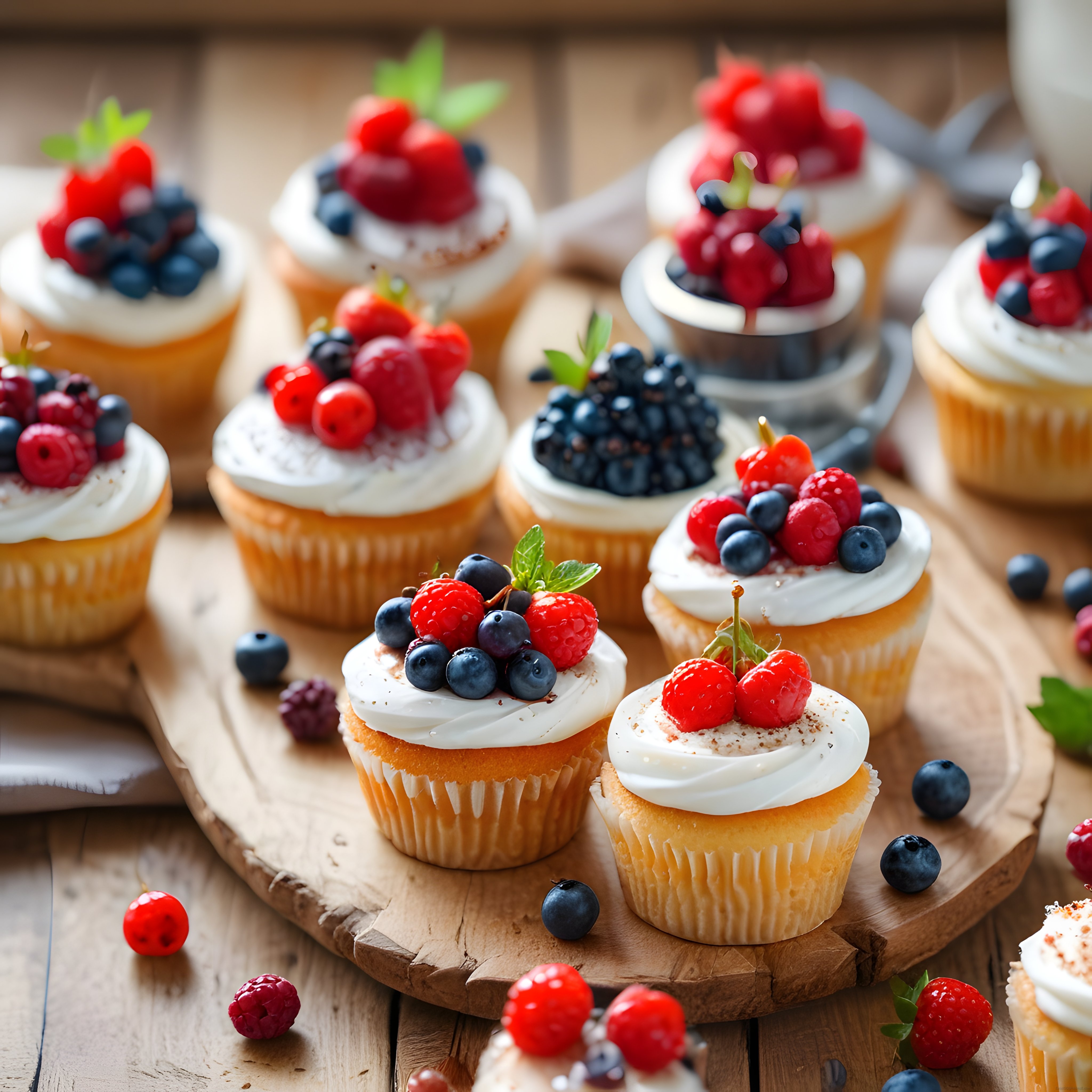 Ahşap Sunum Tahtası Üzerinde Taze Orman Meyveli Ev Yapımı Cupcake'ler