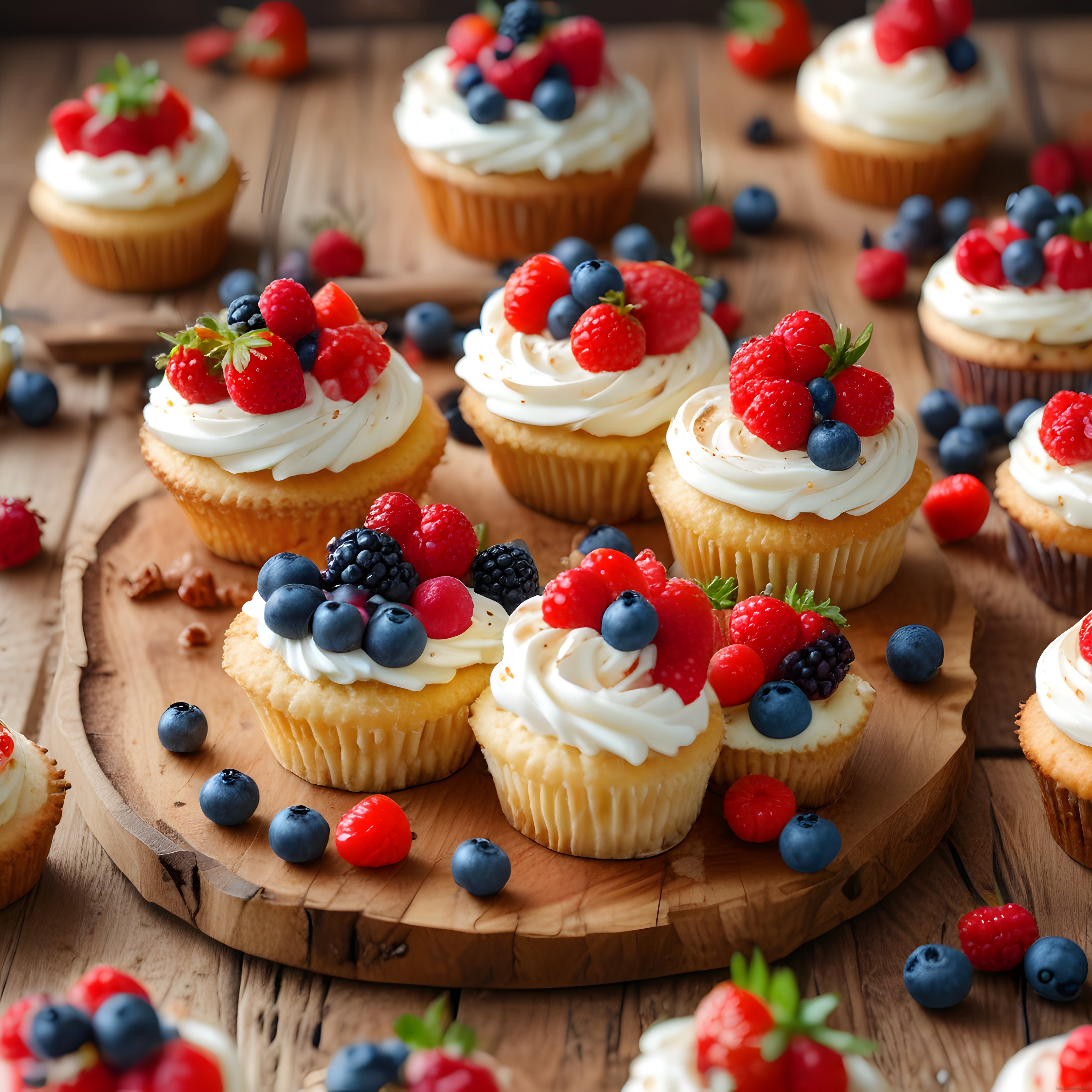 Ahşap Sunum Tahtası Üzerinde Taze Orman Meyveli Ev Yapımı Cupcake'ler