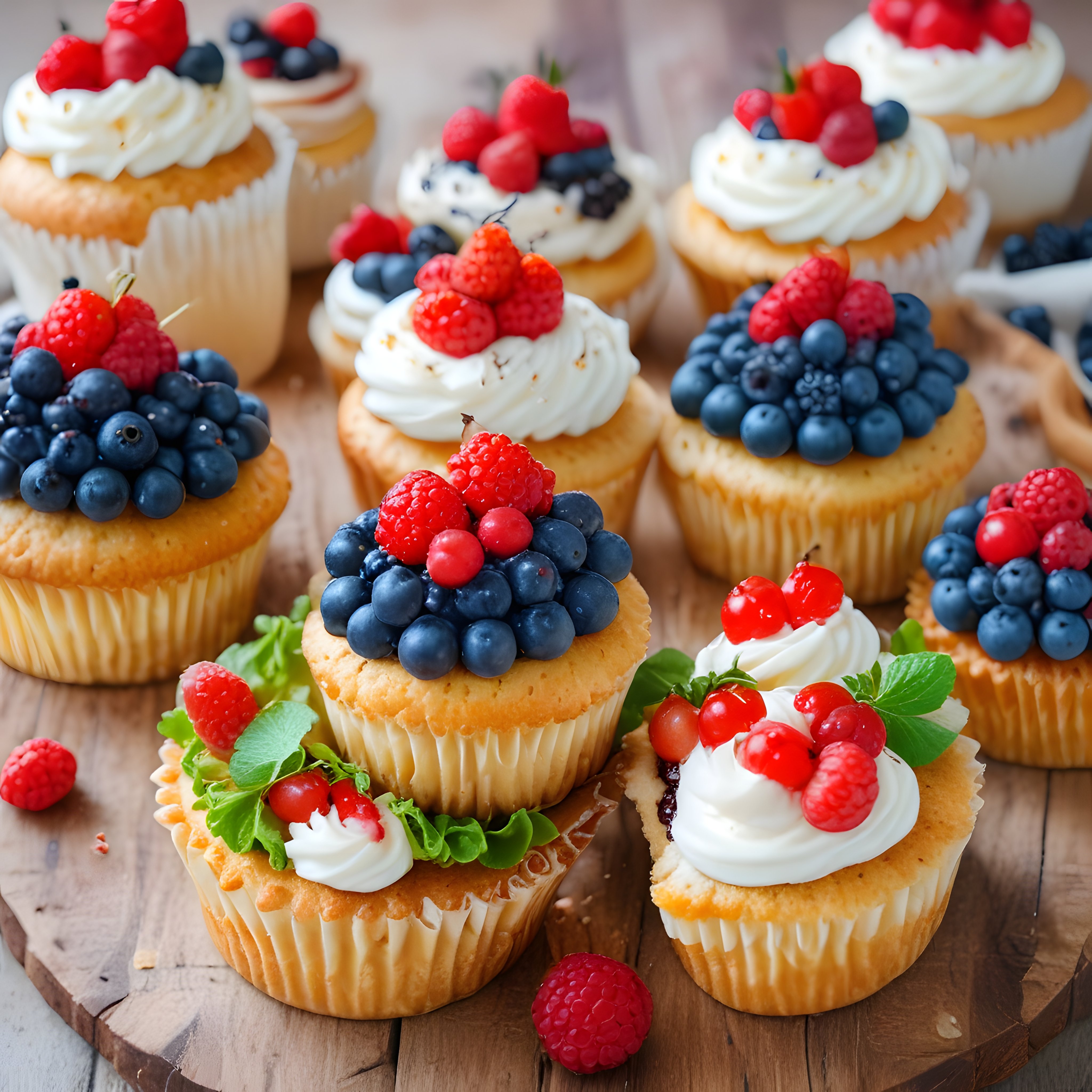 Ahşap Sunum Tahtası Üzerinde Taze Orman Meyveli Kremalı Cupcake Çeşitleri