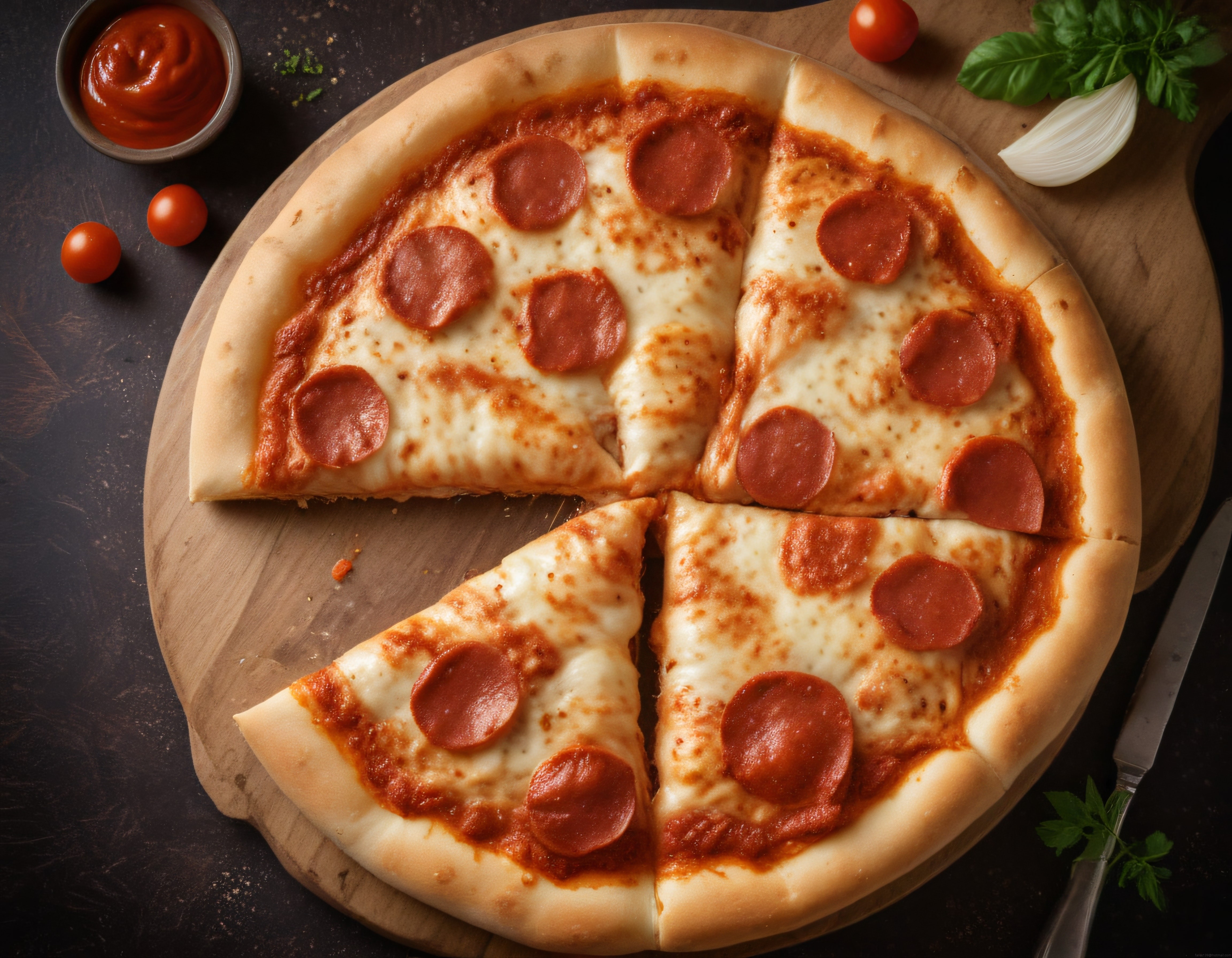 Ahşap Sunum Tahtası Üzerinde Taze Pepperoni Pizza ve Yan Malzemeleri
