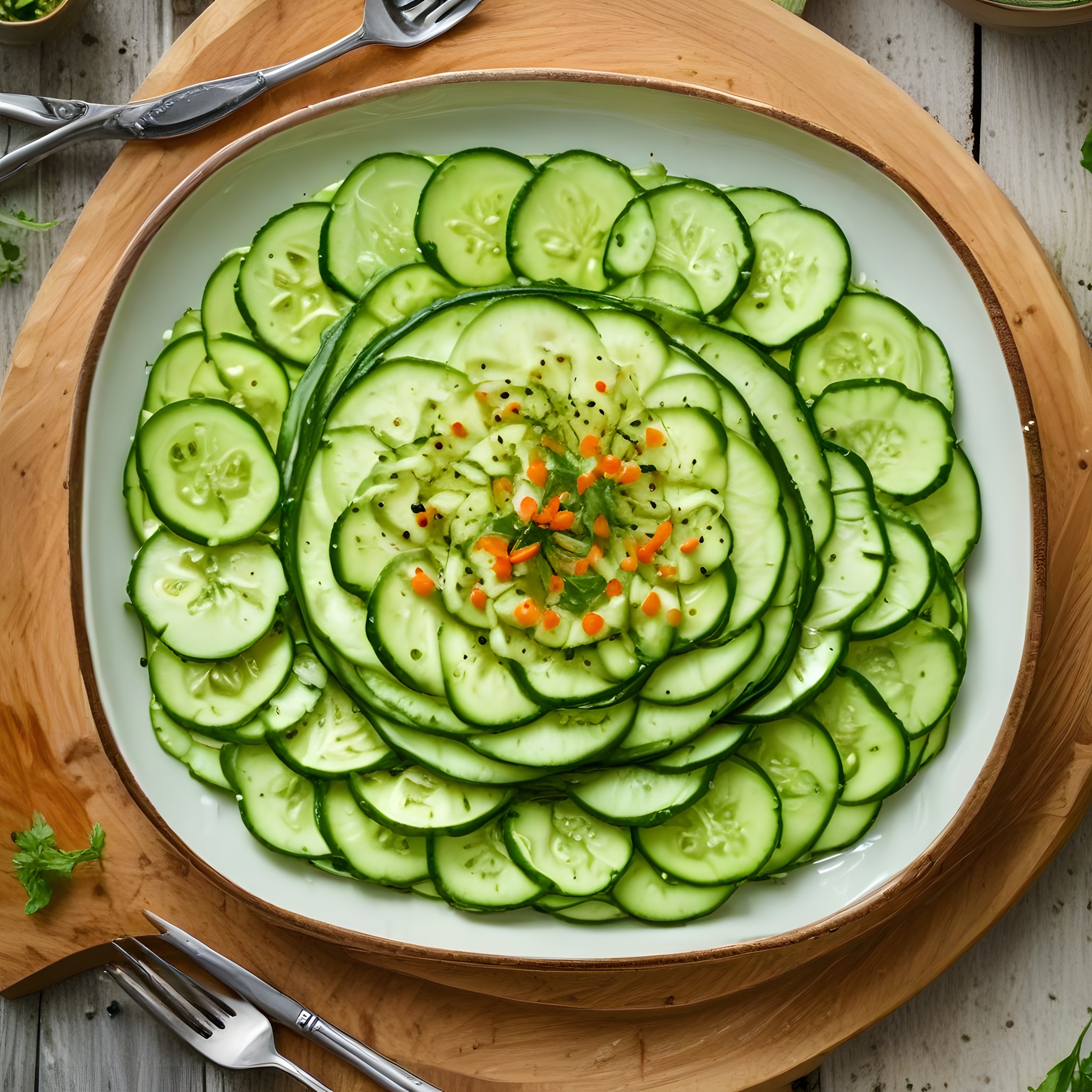 Ahşap Sunum Tahtası Üzerinde Taze Salatalık Salatası ve Baharatlar