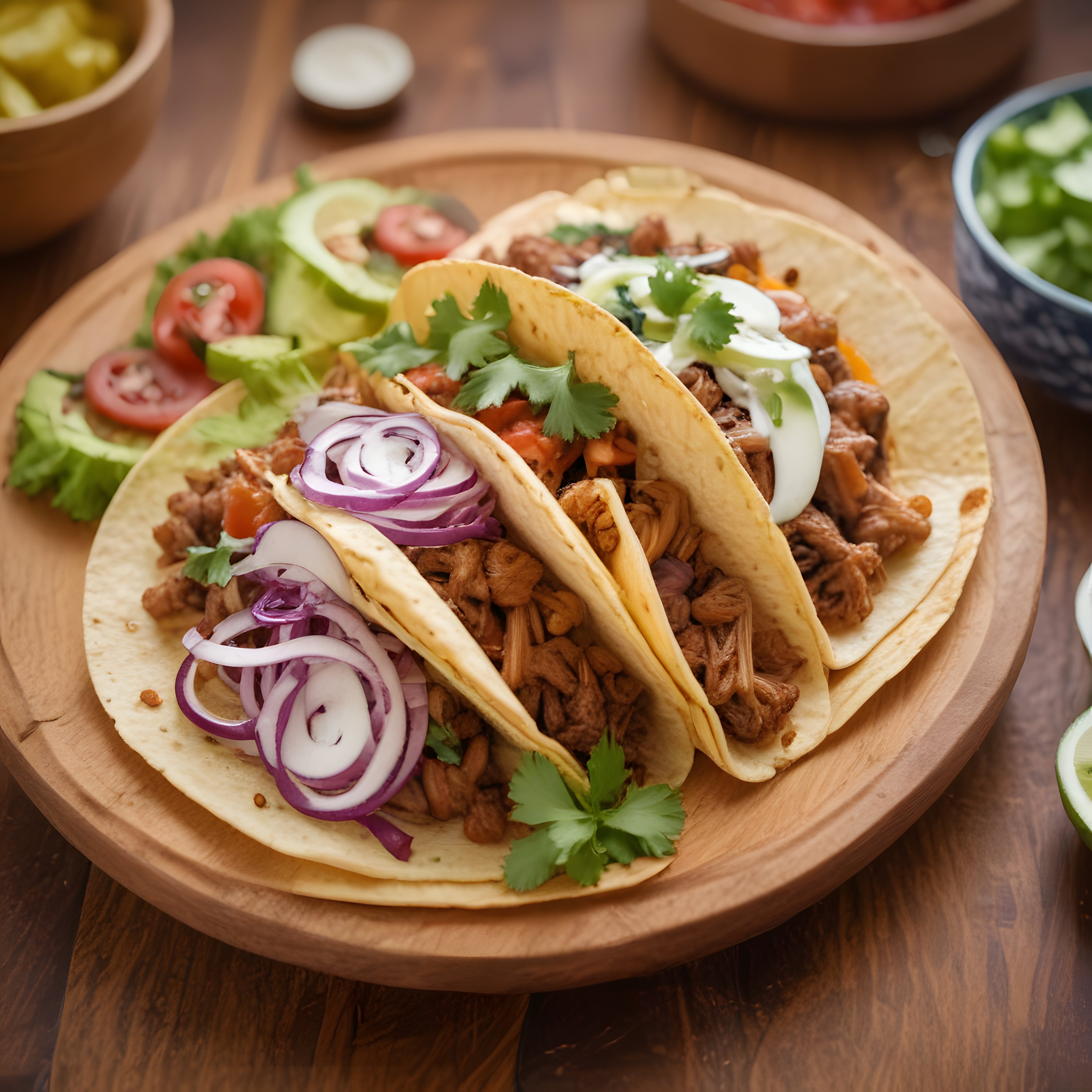 ahşap sunum tahtası üzerinde taze sebze ve kişnişle süslenmiş üçlü etli taco