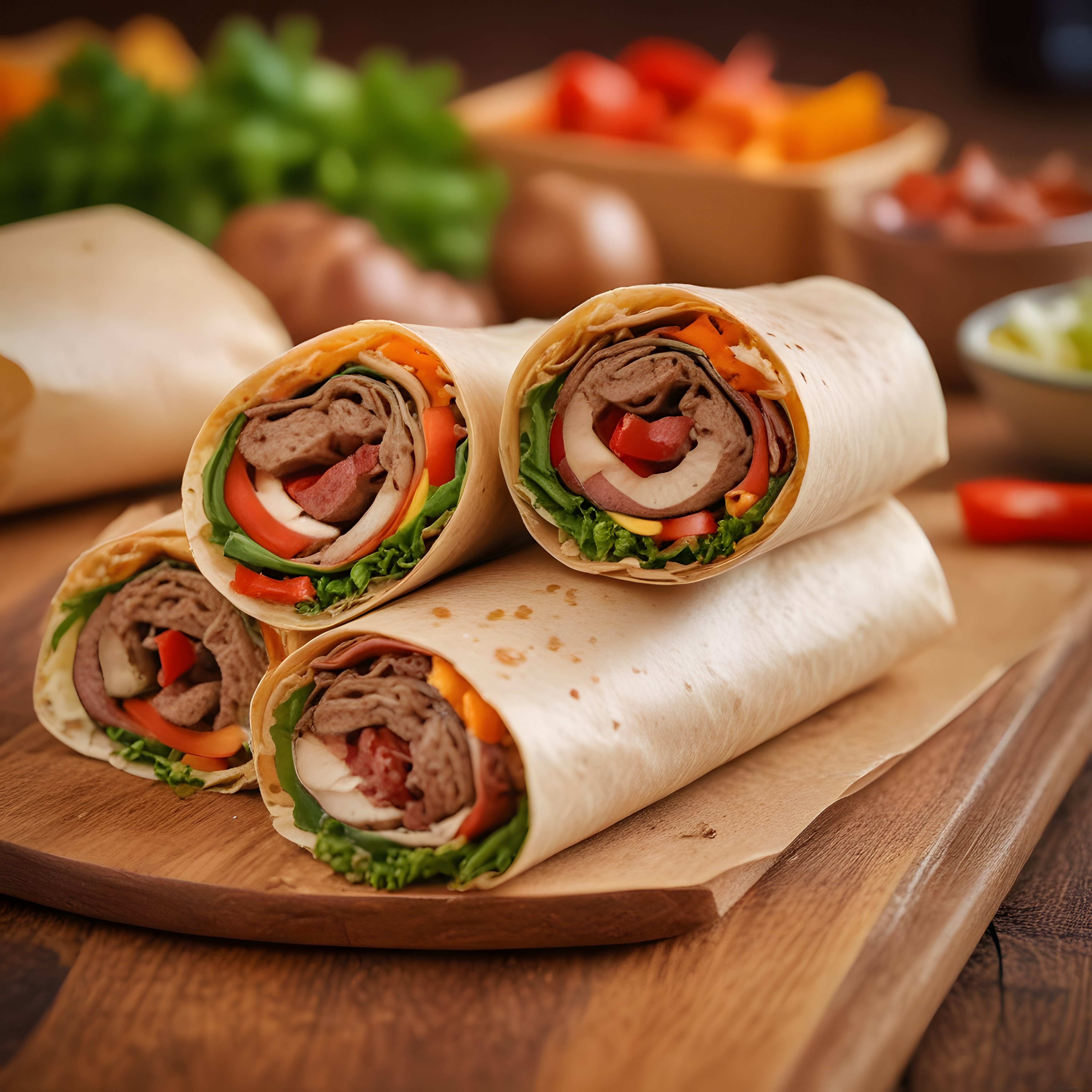 Ahşap Sunum Tahtası Üzerinde Taze Sebzelerle Dolu Etli Wrap ve Dürüm