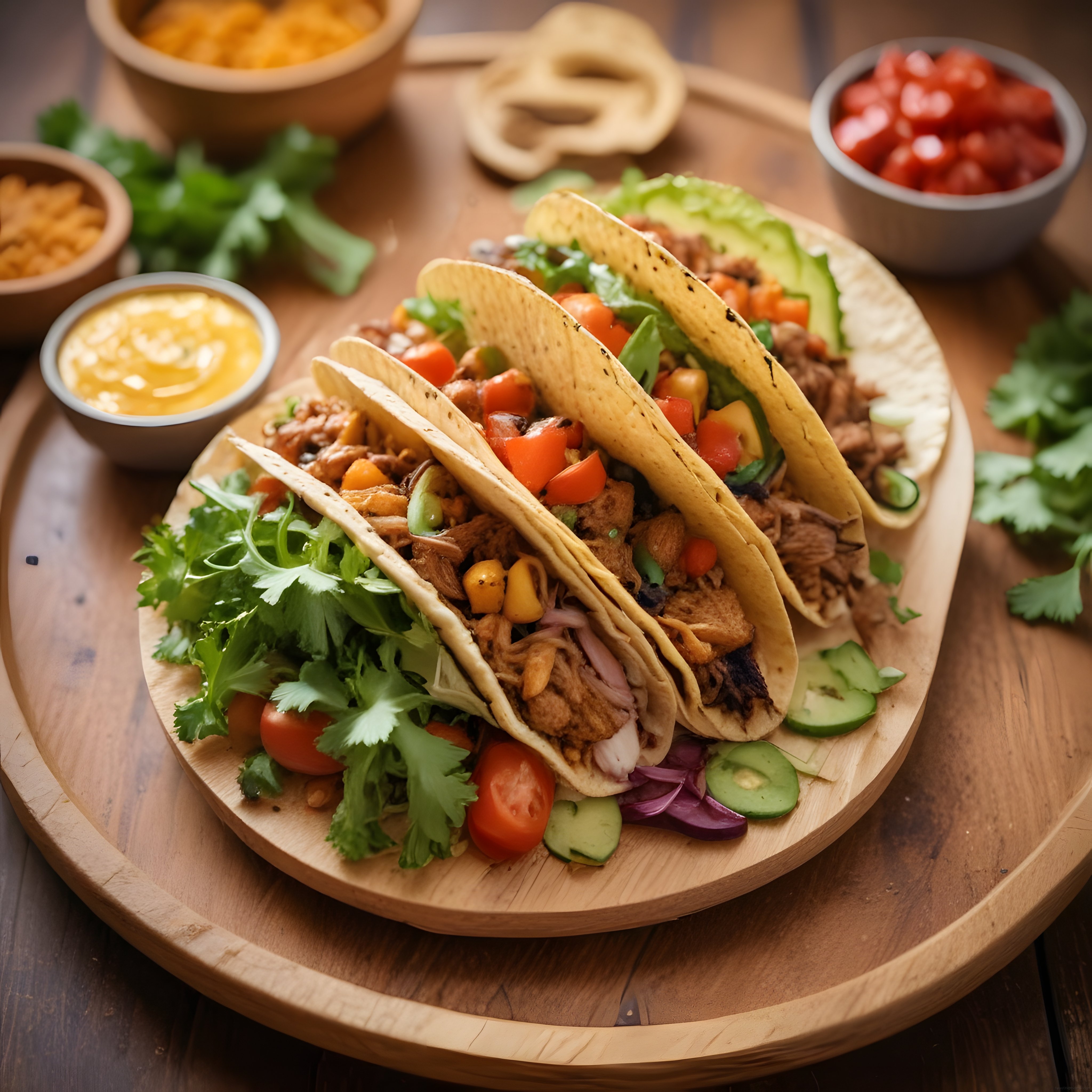 Ahşap Sunum Tahtası Üzerinde Taze Sebzelerle Dolu Meksikan Taco Keyfi