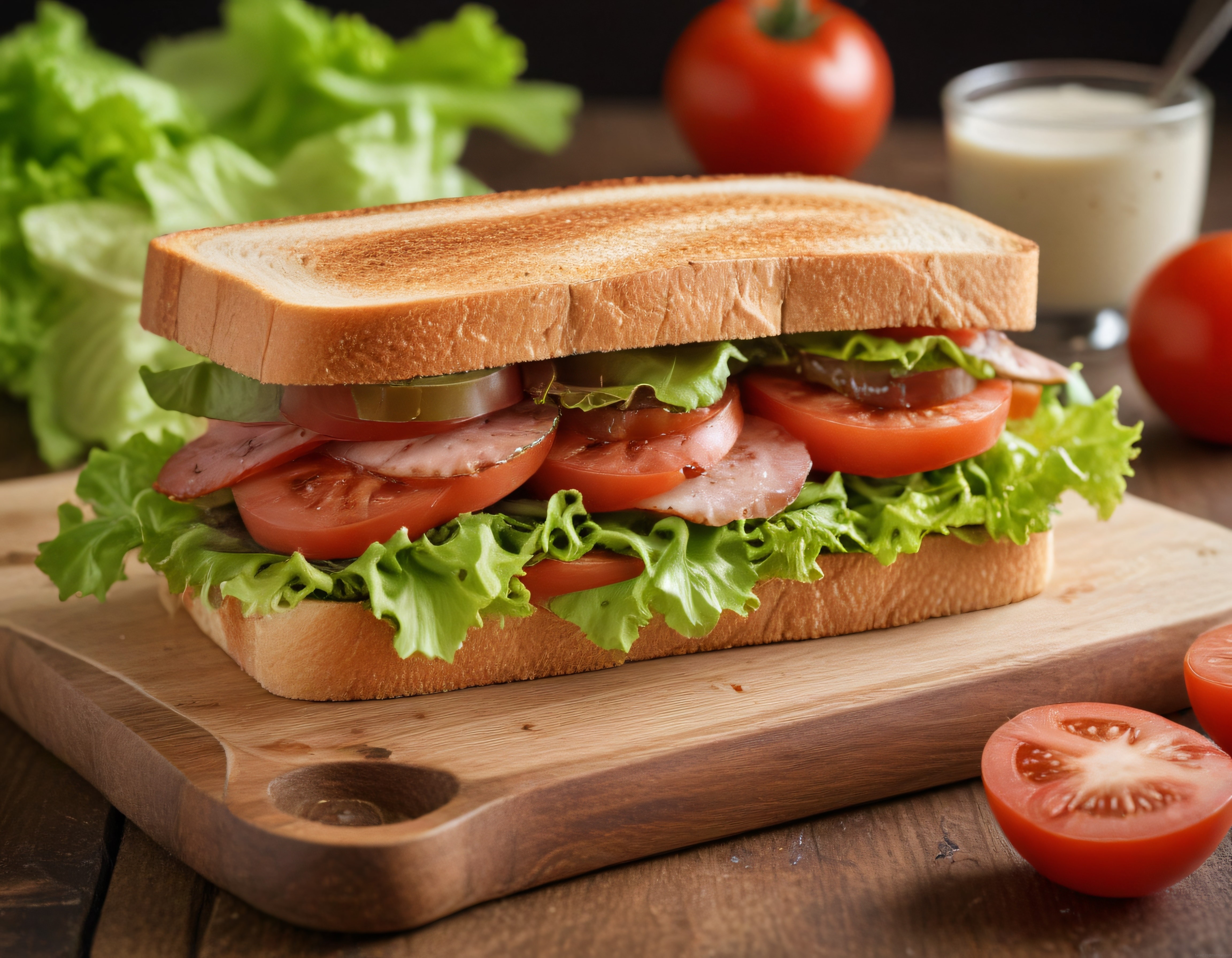 Ahşap Sunum Tahtası Üzerinde Taze Sebzelerle Hazırlanan Klasik Tost Sandviç