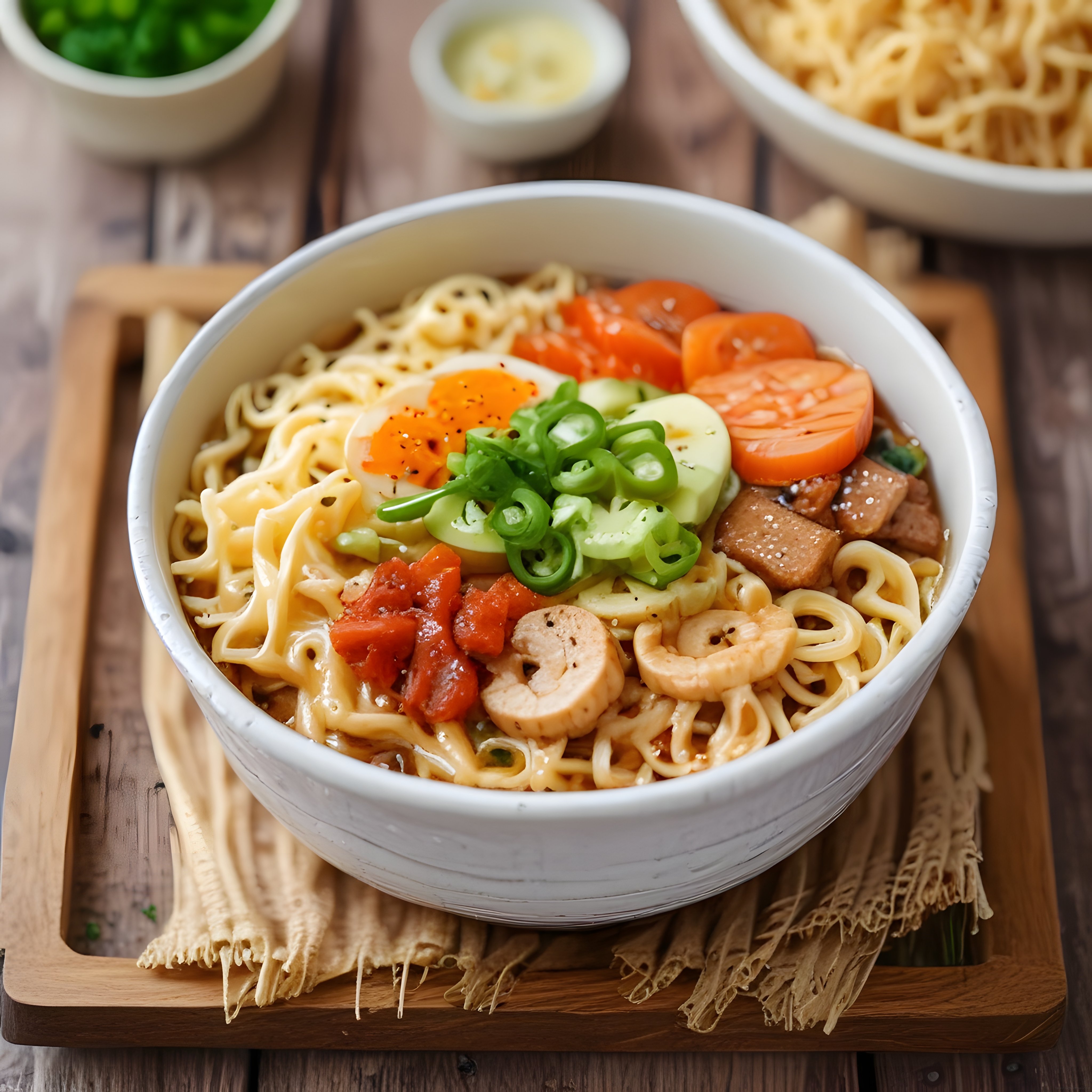 Ahşap Sunum Tahtası Üzerinde Taze Sebzeli ve Yumurtalı Noodle Kasesi