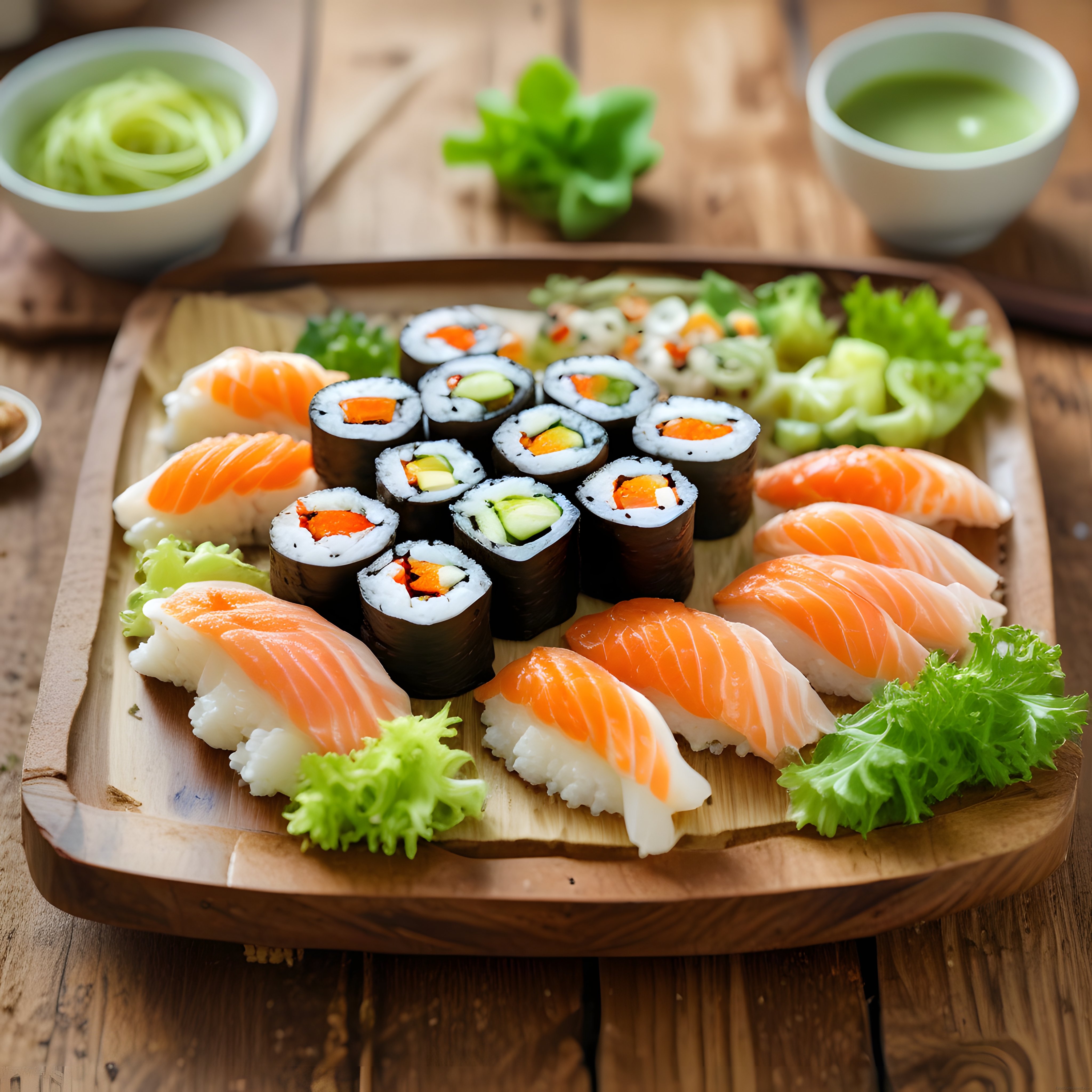 Ahşap Sunum Tahtası Üzerinde Taze Somon Nigiri ve Maki Sushi Çeşitleri