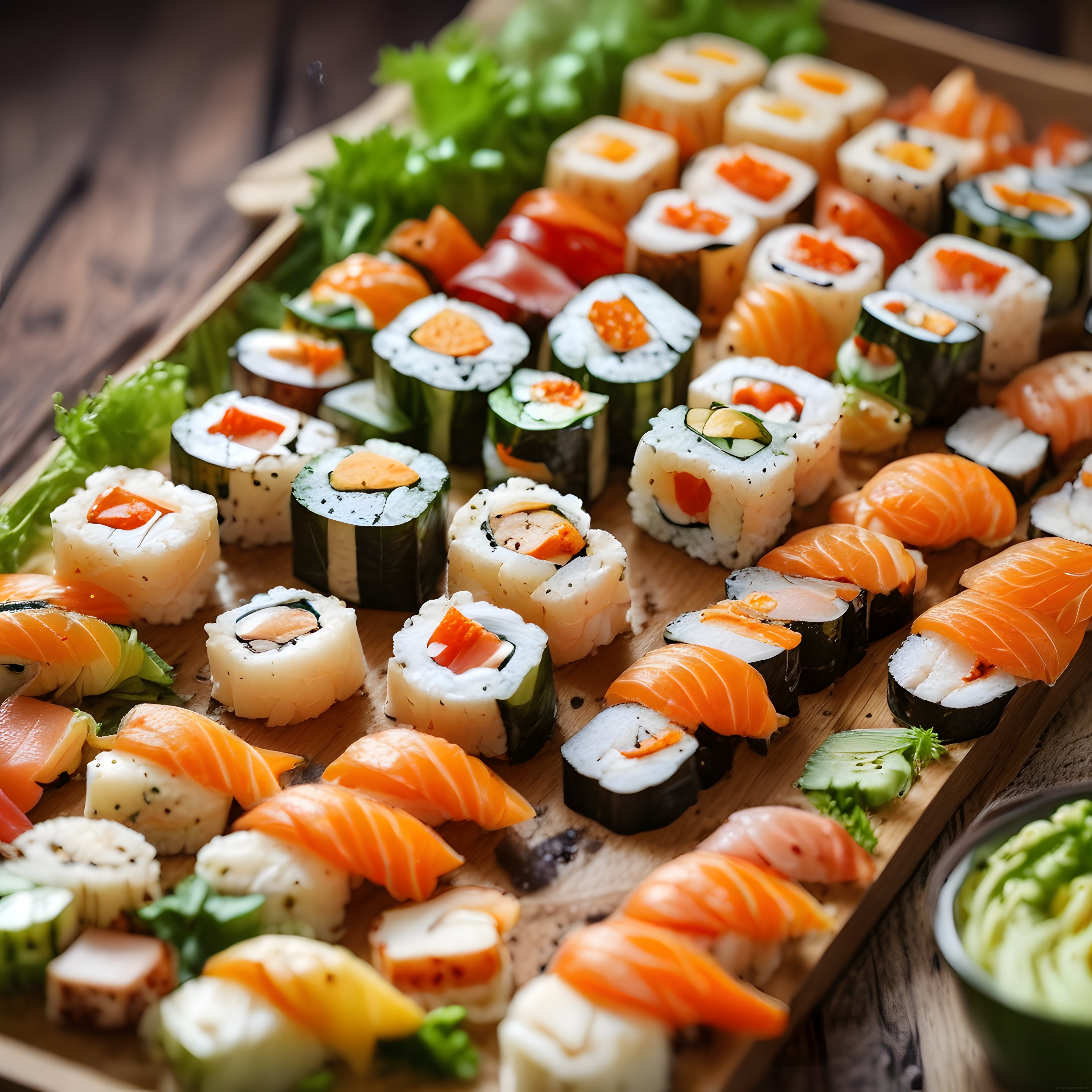 Ahşap Sunum Tahtası Üzerinde Taze Somon Sushi ve Çeşitli Maki Çeşitleri