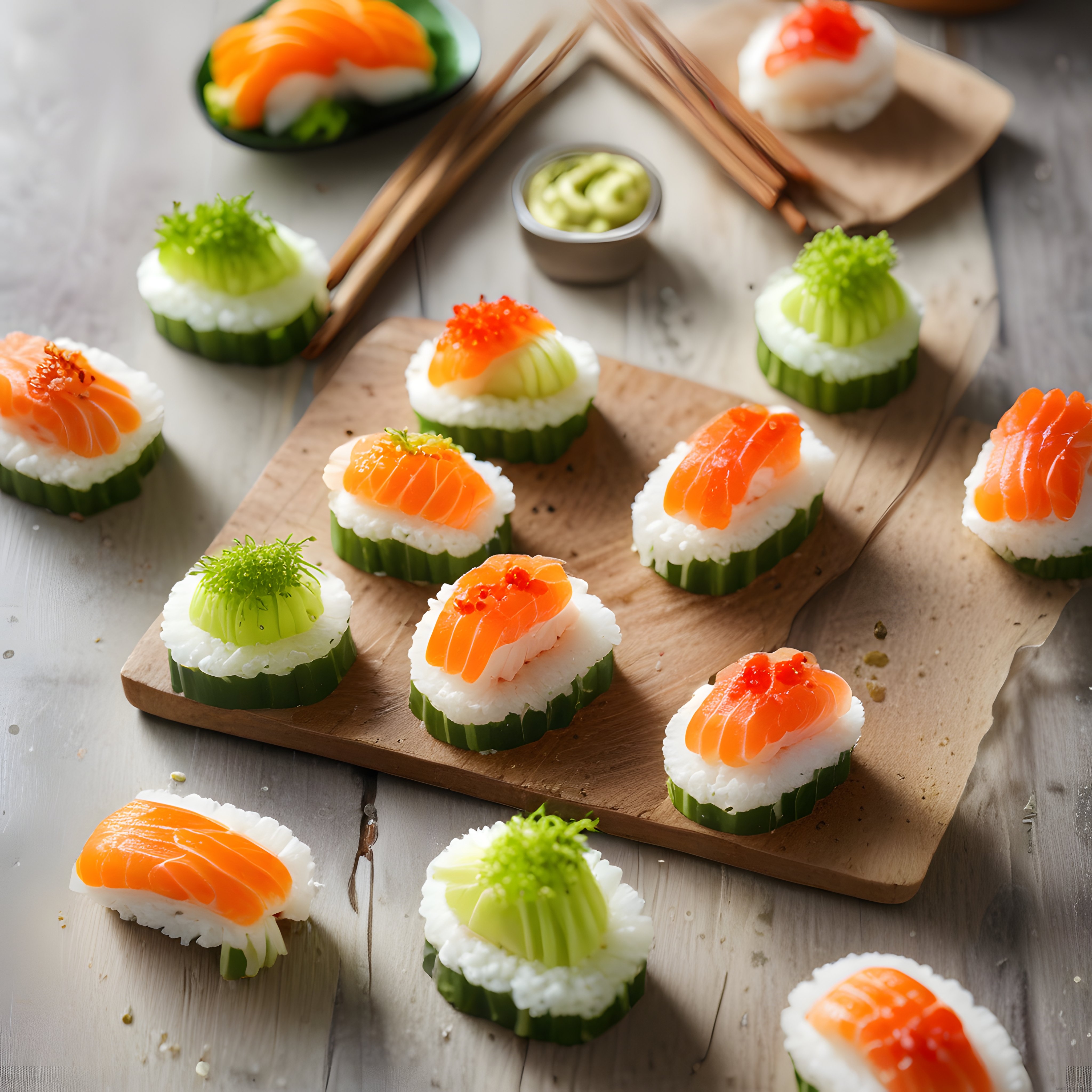 Ahşap Sunum Tahtası Üzerinde Taze Somon ve Avokado Sushi Çeşitleri
