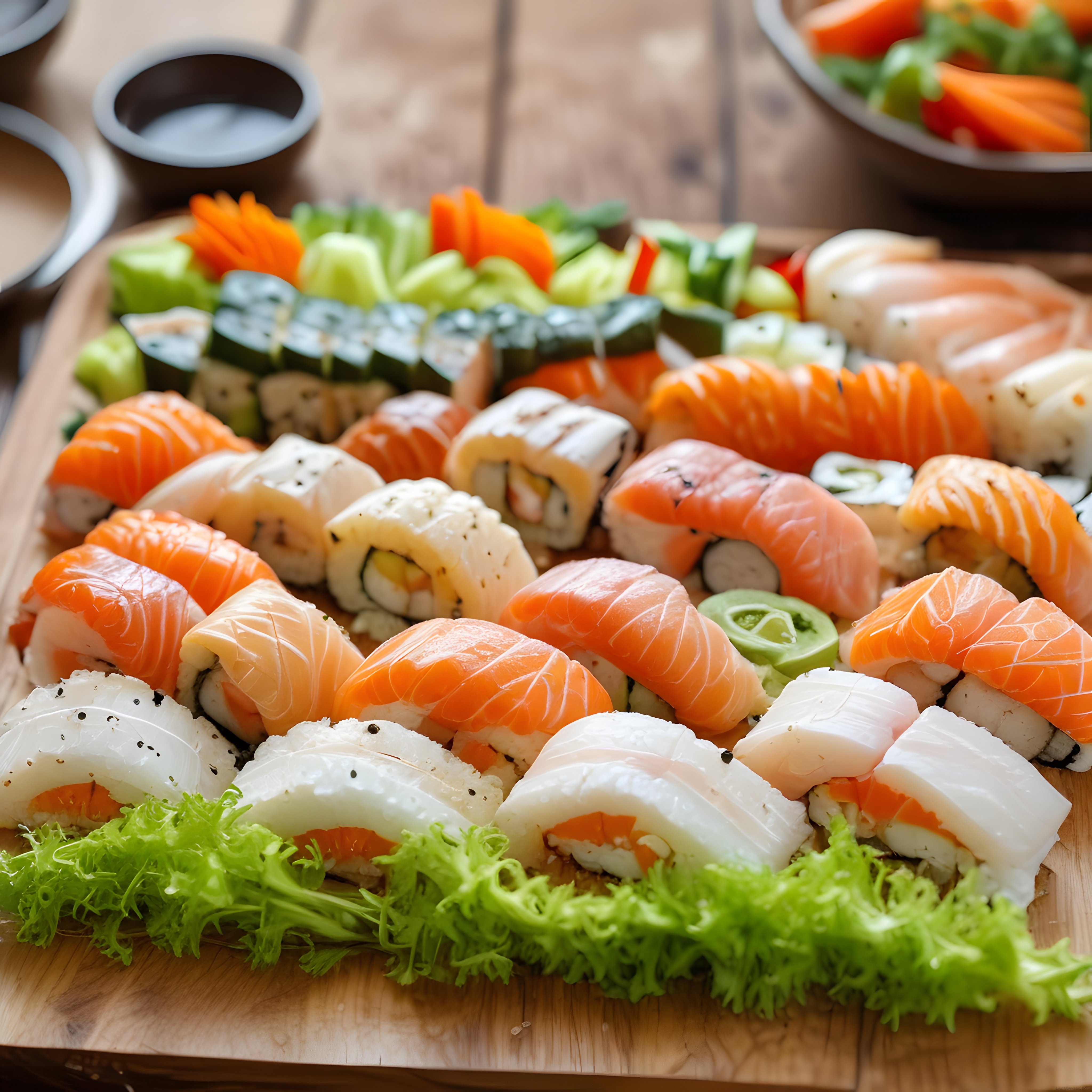 Ahşap Sunum Tahtası Üzerinde Taze Somon ve Karidesli Sushi Çeşitleri