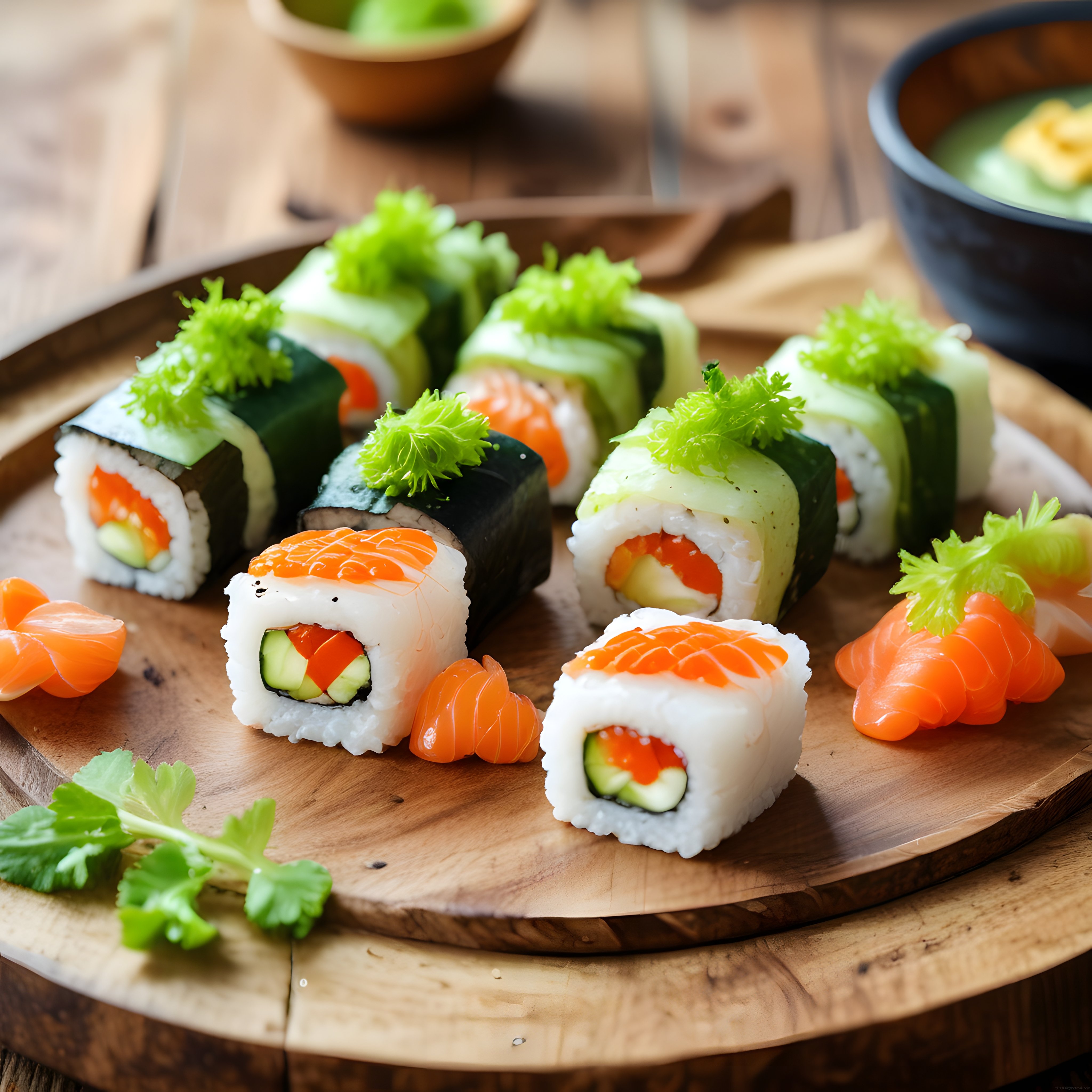 Ahşap Sunum Tahtası Üzerinde Taze Somon ve Sebzeli Sushi Çeşitleri