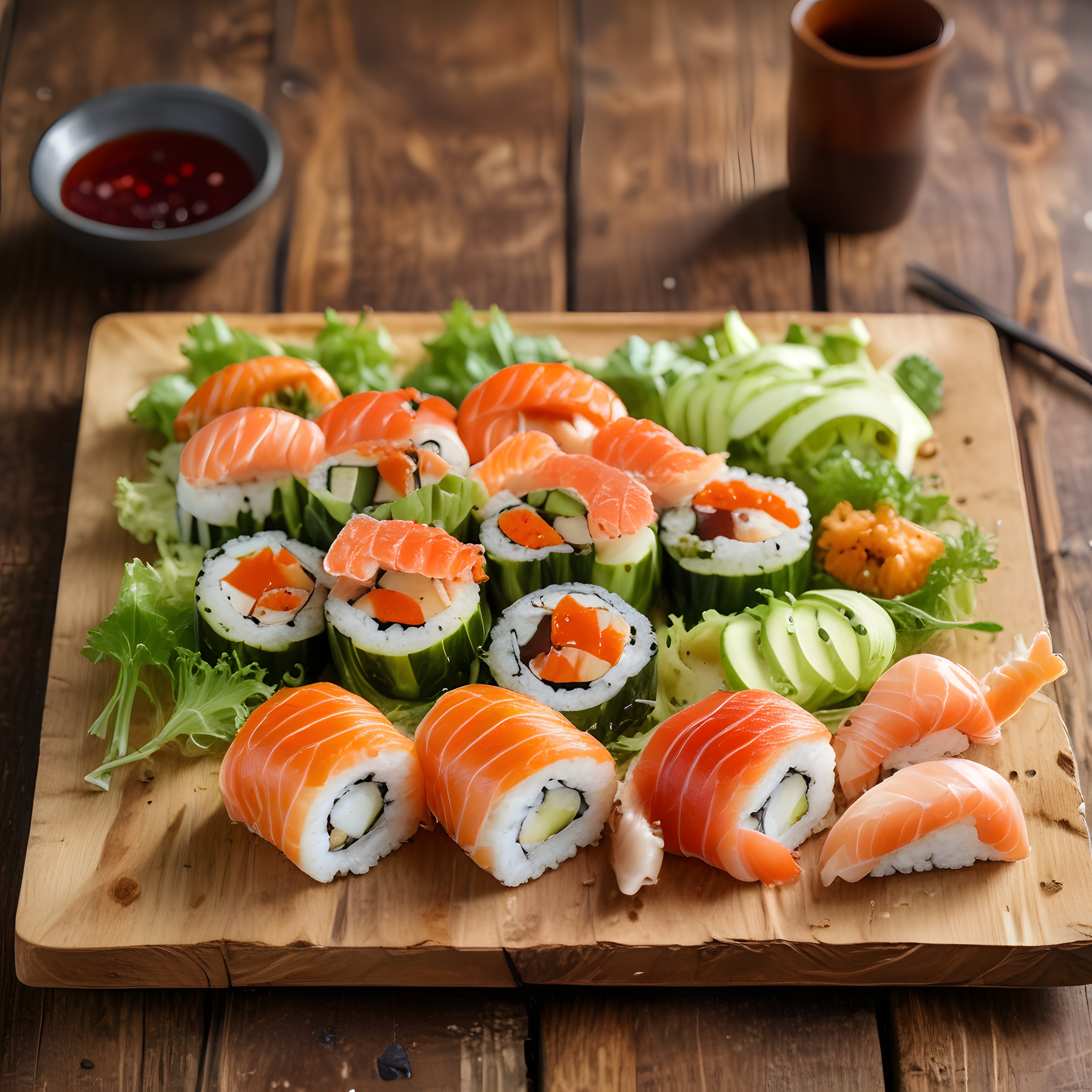 Ahşap Sunum Tahtası Üzerinde Taze Somonlu Nigiri ve California Sushi Çeşitleri