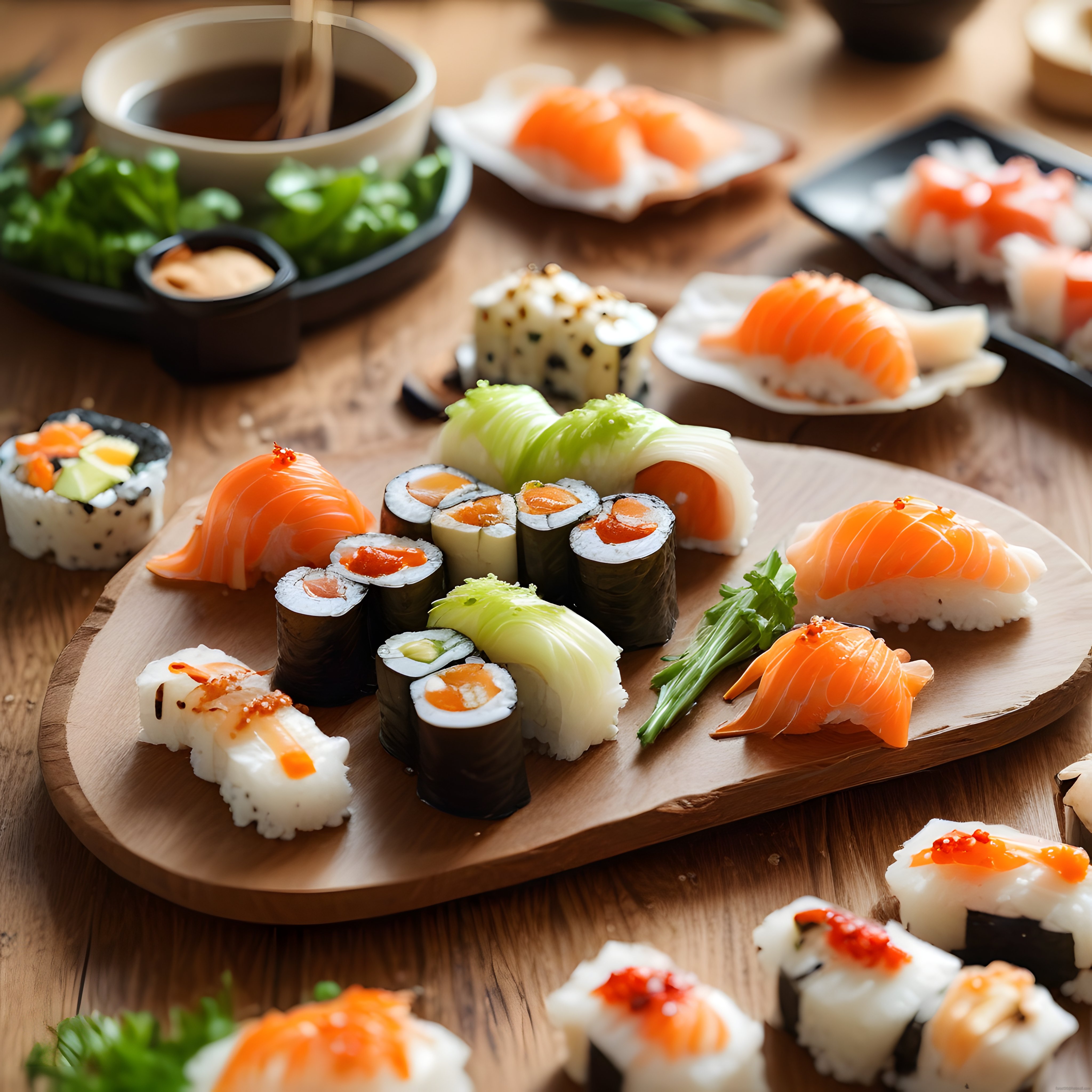 Ahşap Sunum Tahtası Üzerinde Taze Somonlu Nigiri ve Maki Sushi Çeşitleri