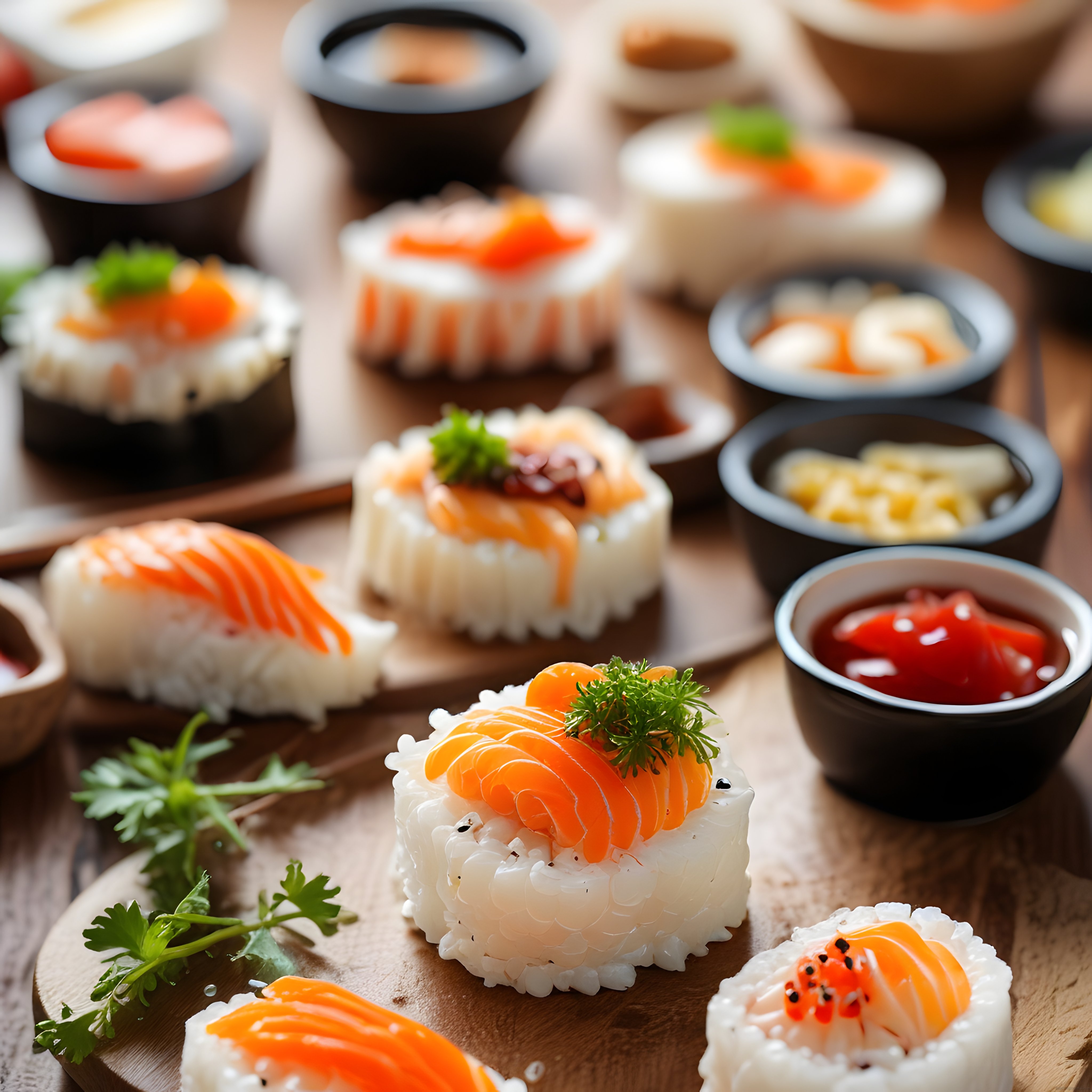 Ahşap Sunum Tahtası Üzerinde Taze Somonlu Nigiri ve Maki Sushi Çeşitleri