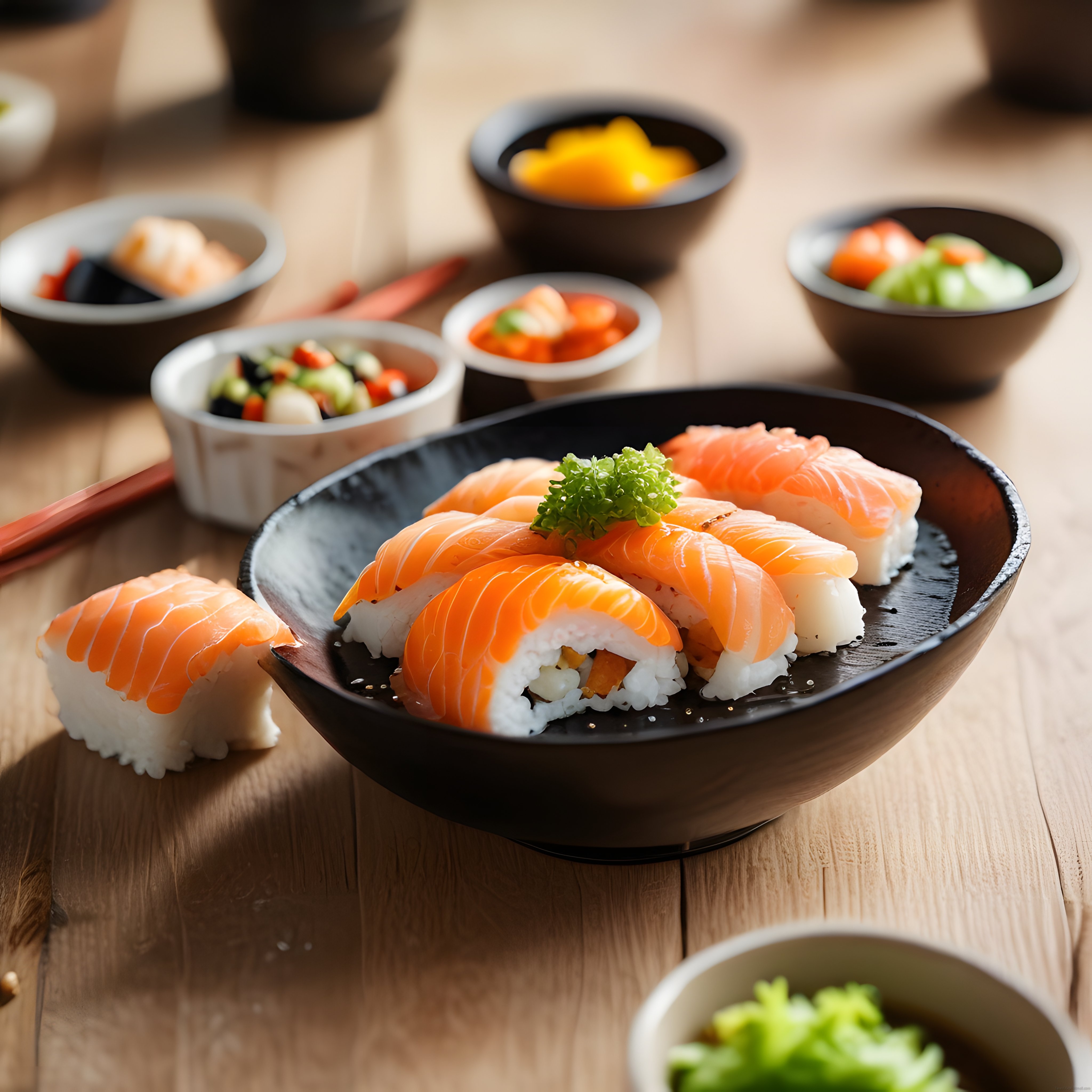 Ahşap Sunum Tahtası Üzerinde Taze Somonlu Sushi ve Çeşitli Japon Mezeleri